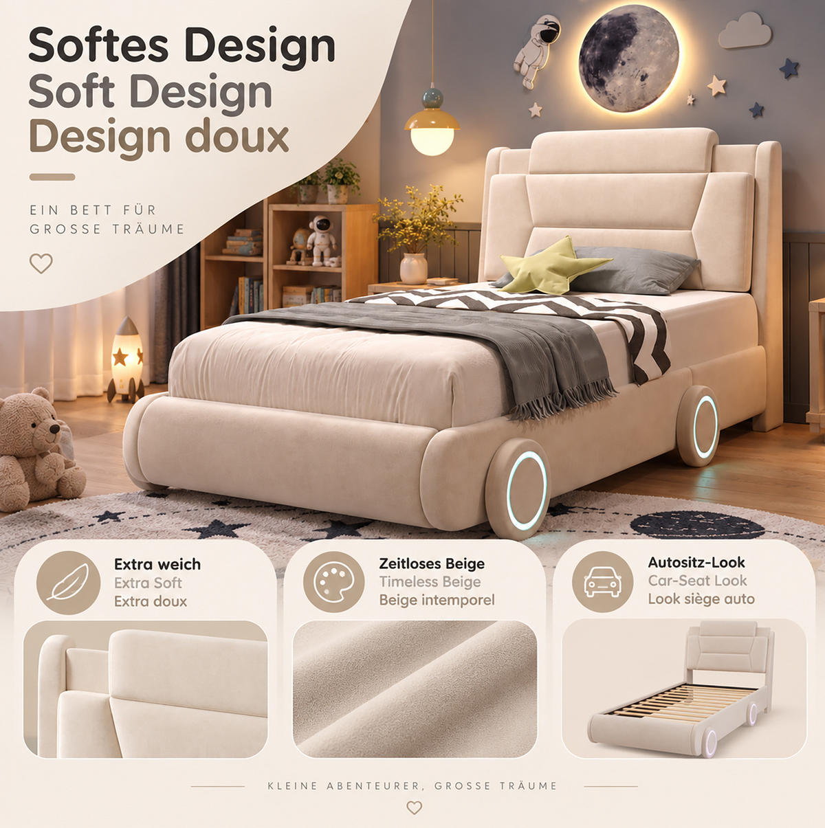 KINDER-POLSTERBETT aus Flanell 90x200 cm Beige im Auto-Design mit Lichtleisten - Beige, Textil (90/200cm) - Modfu
