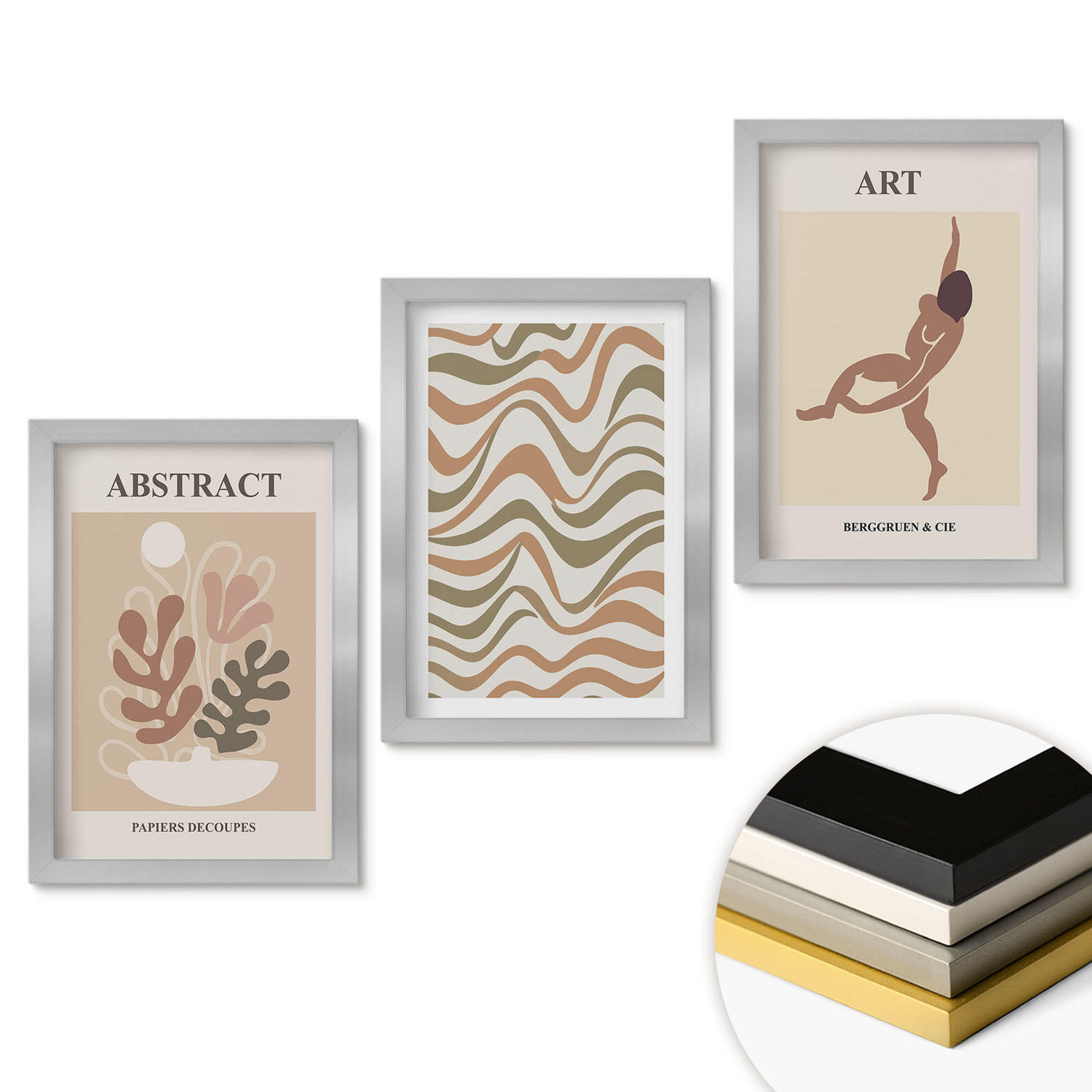 WANDBILDER 3er Set - 20x30 cm Silberner Rahmen - Matisse Boho abstrakte Muster - Silberfarben, Kunststoff (20/30cm) - ArtPrintCave