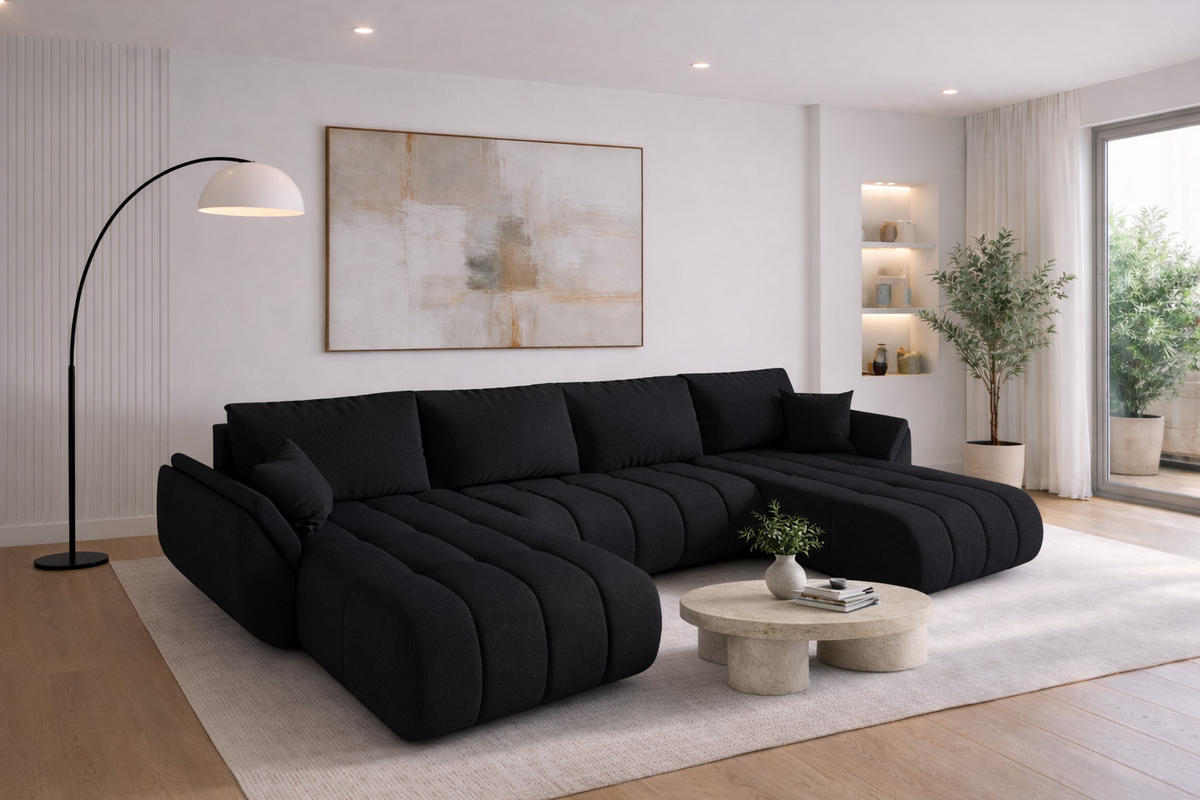 ECKSOFA mit schlaffunktion und bettkasten TOKYO U PREMIUM, stoff WIND, Schwarz - Schwarz, Holz (384/190cm) - Kaiser Möbel