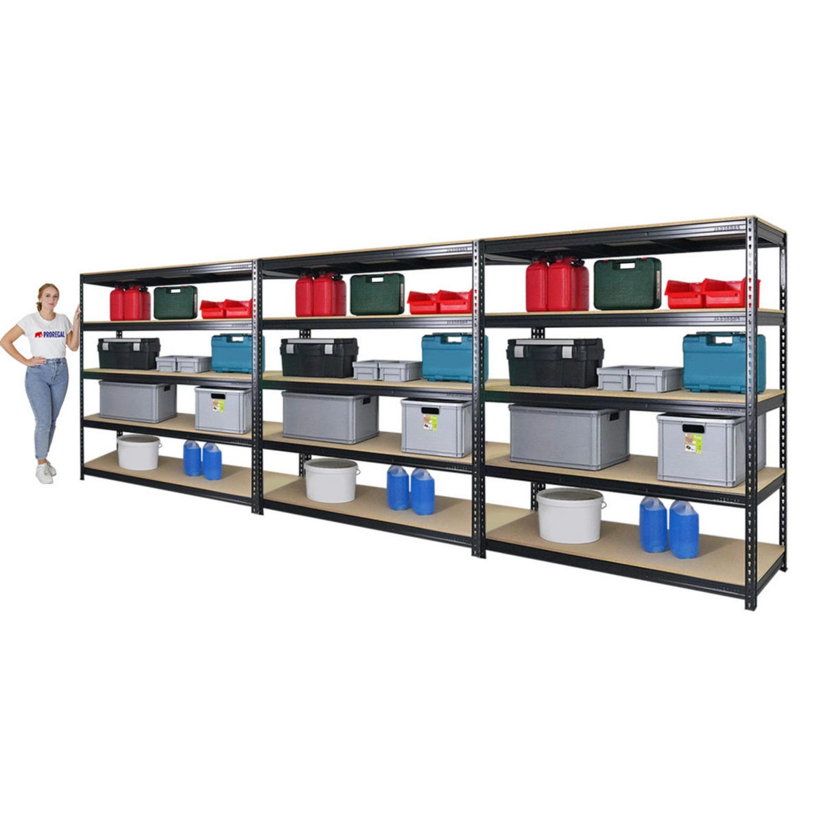 SCHWERLASTREGAL Bison 3er-Set mit 3x 200x180x60 cm 5 Fachböden Fachlast 600 kg Schwarz - Schwarz, Metall (540/200/60cm) - PROREGAL