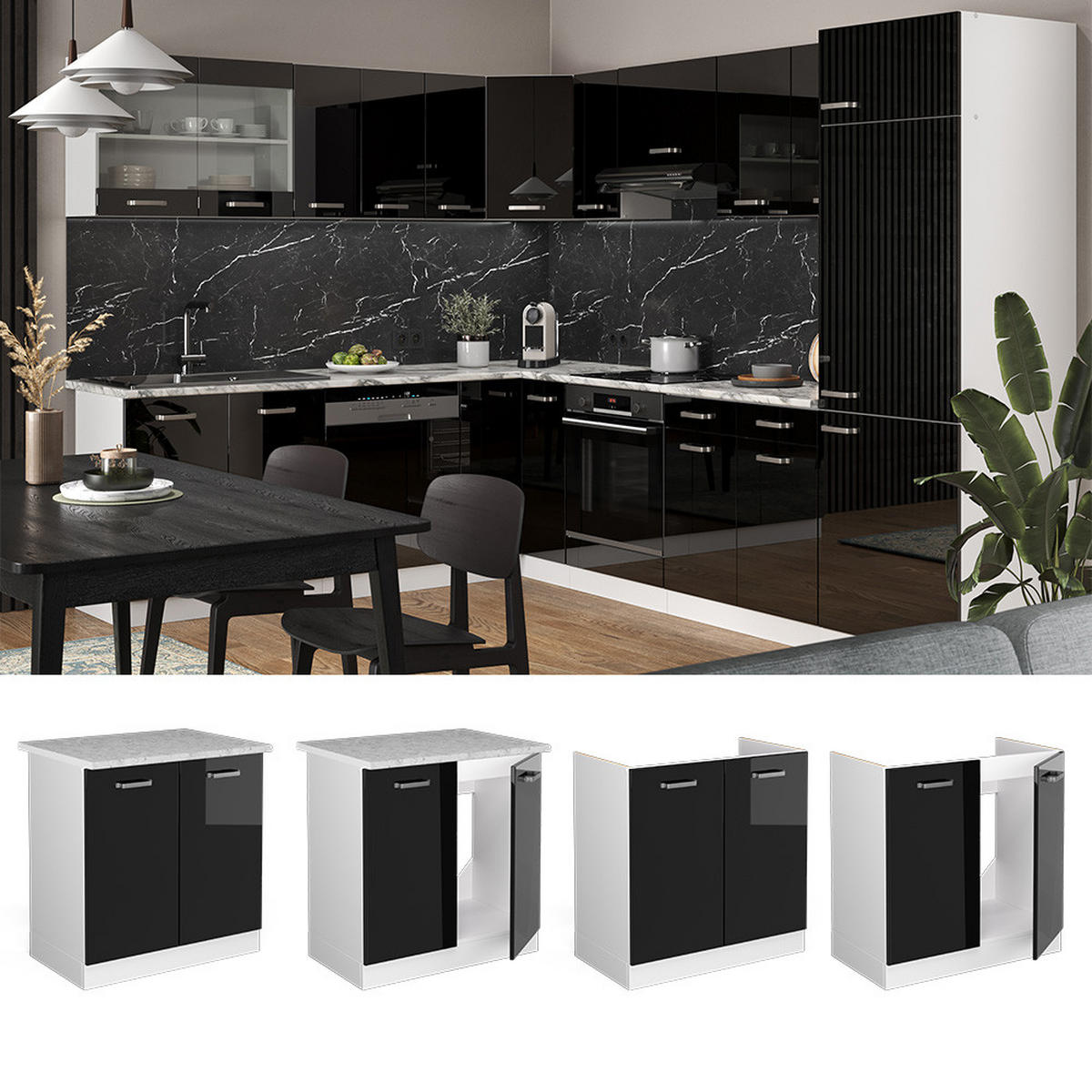 SPÜLENUNTERSCHRANK R-Line Schwarz Hochglanz 80 cm, AP Anthrazit - Schwarz Hochglanz/Schwarz, Holzwerkstoff (80/81.6/60cm) - Vicco