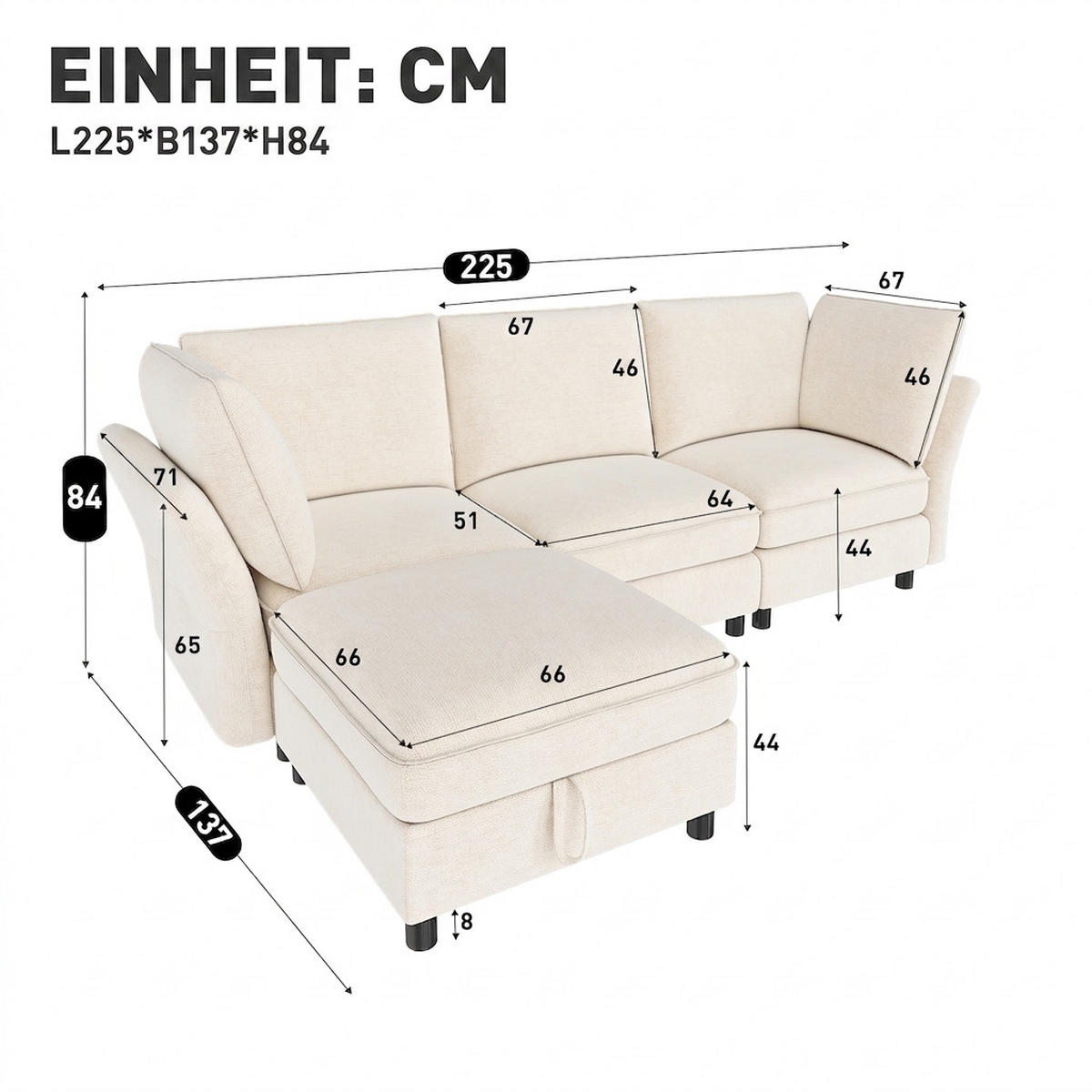 ECKSOFA 225/137/84 cm Beige mit Stauraum‑Hocker - Beige, Textil (225/137cm) - Oxeza