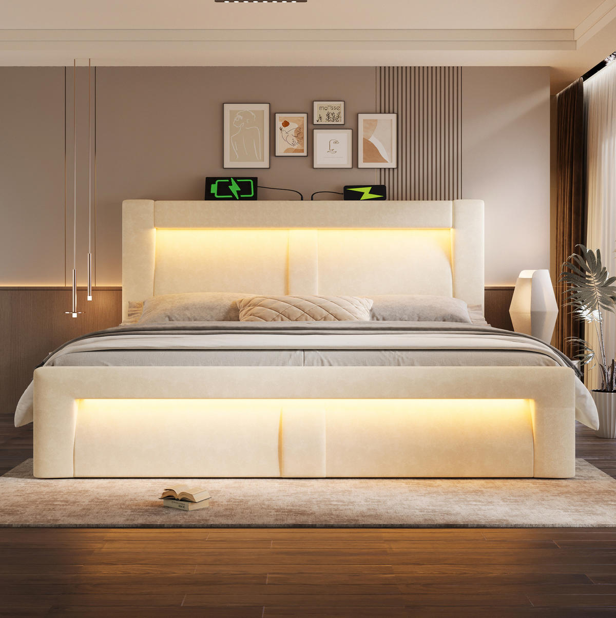 POLSTERBETT 180/200 cm mit Bettkasten, LED-Beleuchtung, USB-C und Ladefunktion, Samt, Beige - Beige, Textil (180/200cm) - Redom