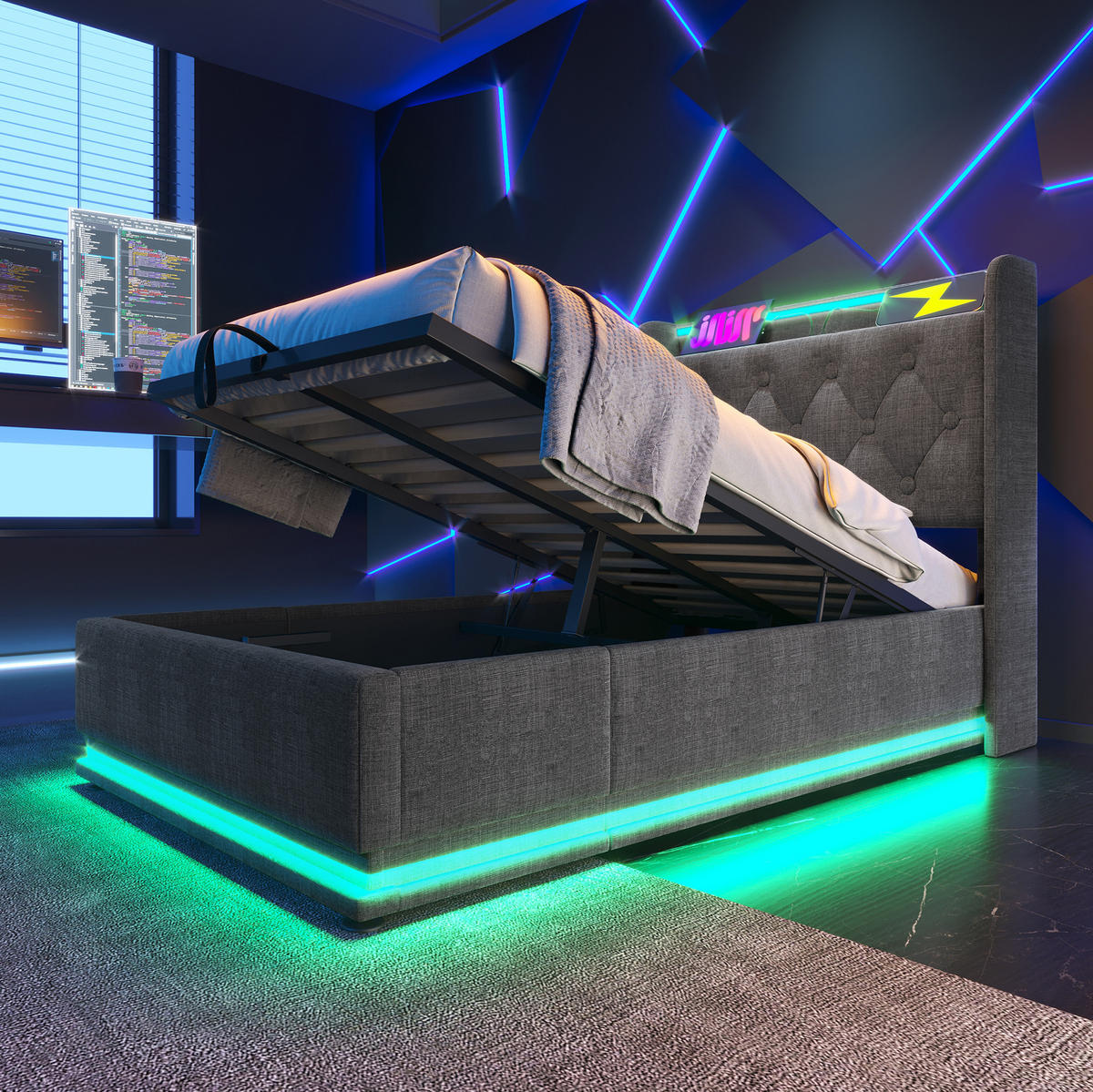 BETT mit LED und Stauraum 90x200 cm Leinen Grau - Grau, Metall (90/200cm) - Meubliv