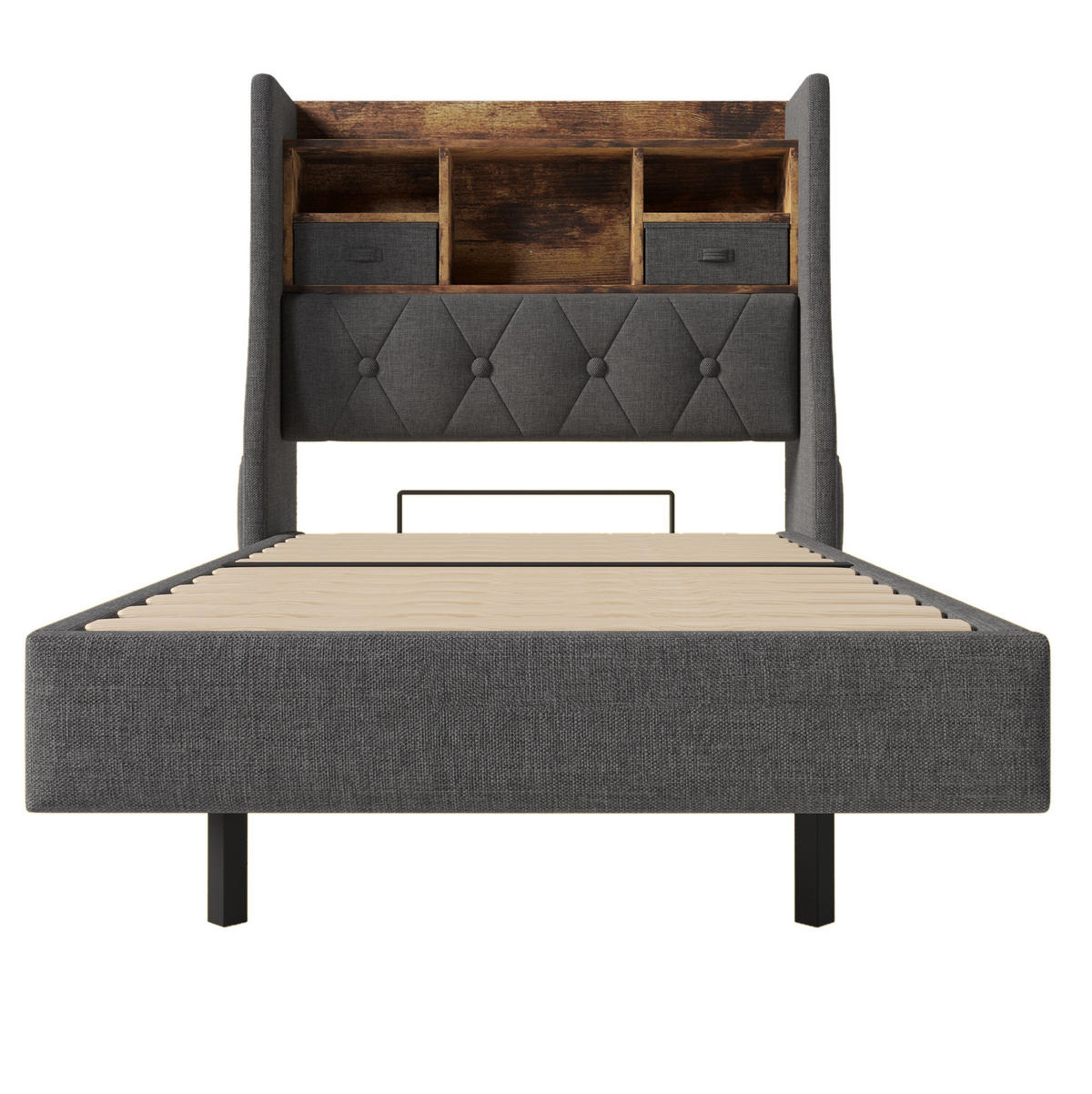 POLSTERBETT 90/200 cm aus Leinen mit LED-Beleuchtung, USB- und Type-C-Anschluss, Stauraum-Kopfteil, Grau - Grau, Textil (90/200cm) - Redom