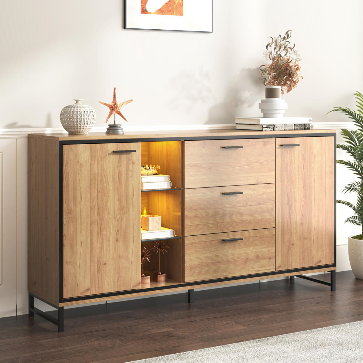 SIDEBOARD 160/40/85 cm aus Holzwerkstoff mit LED-Beleuchtung Natur/Schwarz - Naturfarben, Holzwerkstoff (160/85/40cm) - Modenvie