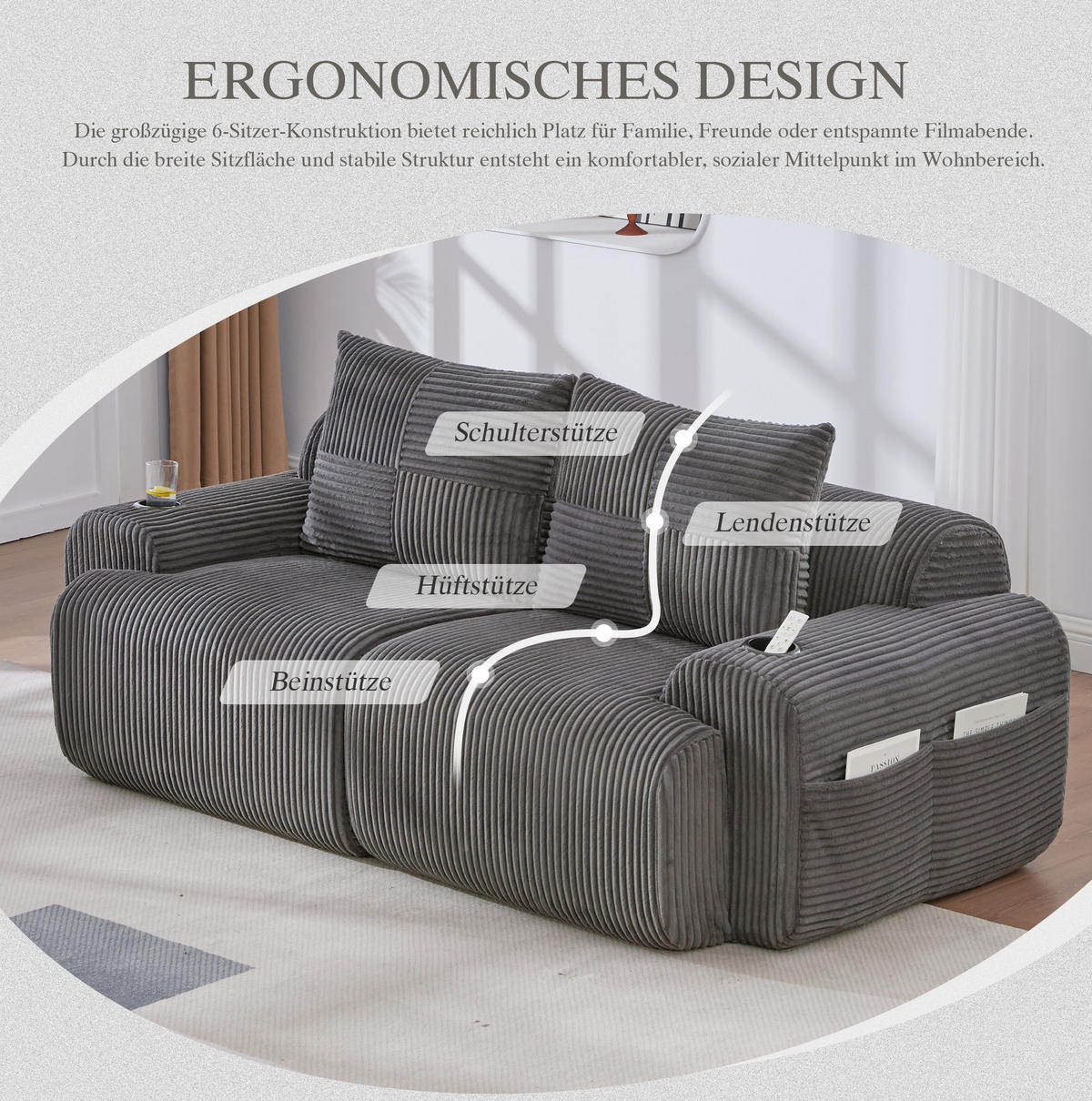 2-SITZER Sofa Cordstoff mit Getränkehalter und Seitentasche 200/99/80 cm Dunkelgrau - Dunkelgrau, Textil (99/80/200cm) - Redom