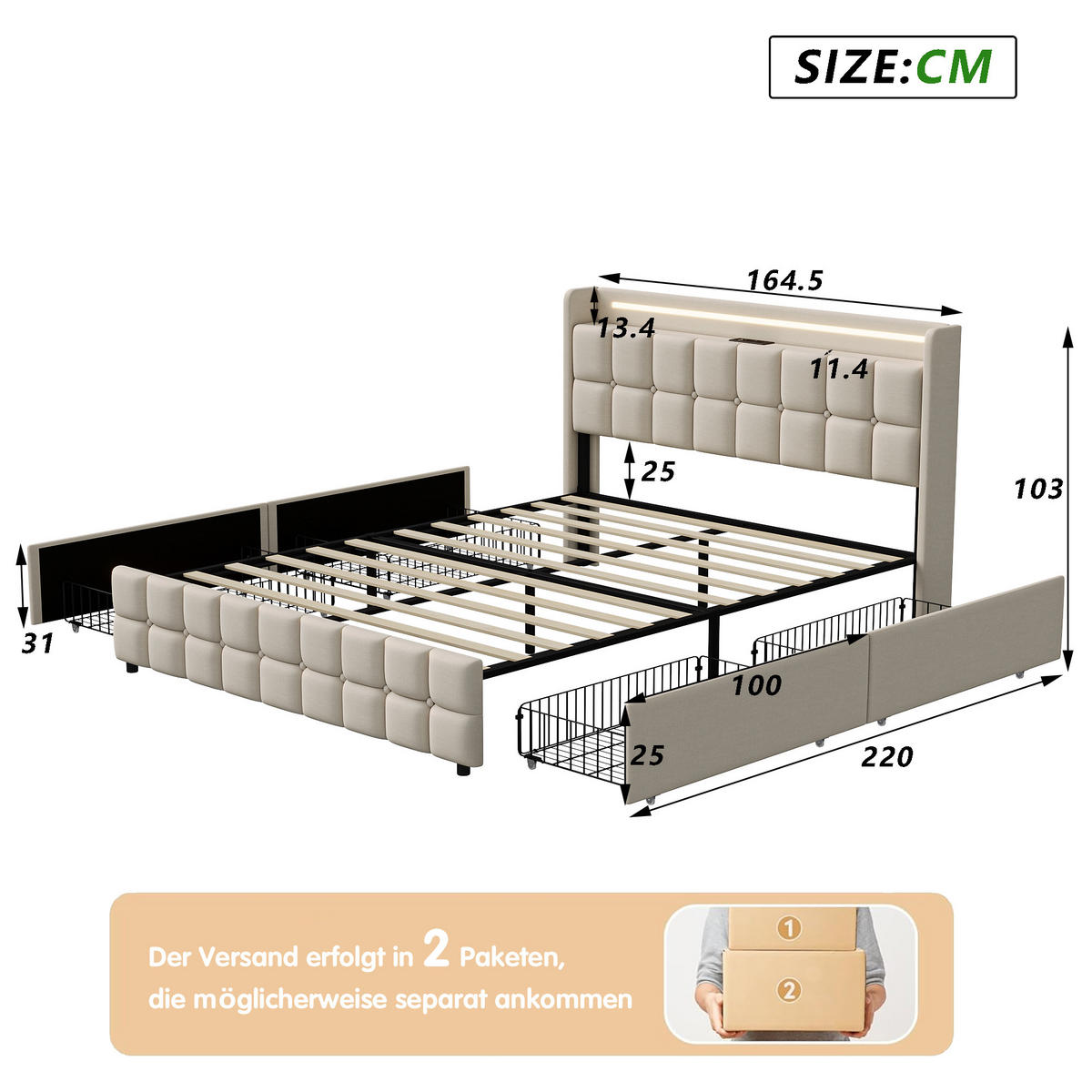 POLSTERBETT 160x200 mit Stauraum, Bettgestell 160x200 mit 4 Schubladen, Kopfteil mit USB und LED, Lattenrost, Bezug aus Leinen, Beige - Beige, Holz/Holzwerkstoff (160/200cm) - GENKI LIVING