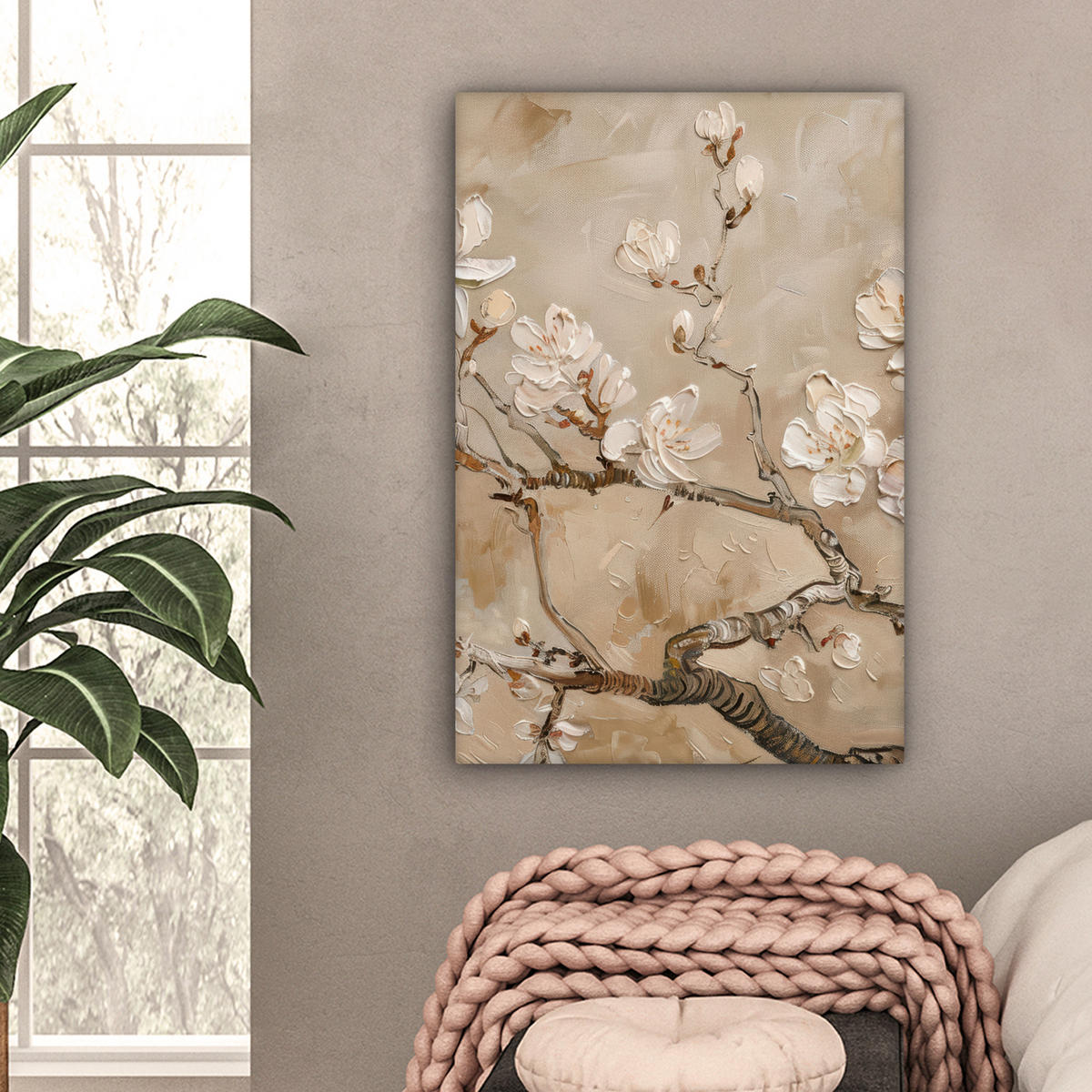LEINWANDBILD - Blumen - Modern - Beige - Weiß - Blüte - 60x90 - Kunstdruck - Beige, Textil (60/90cm) - MuchoWow