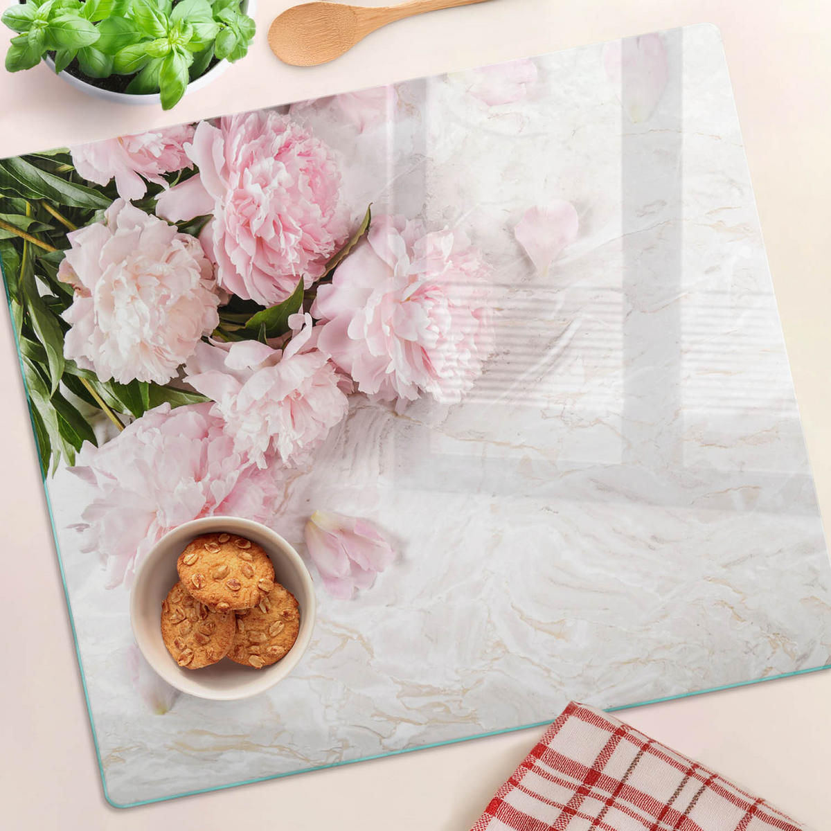 GLASPLATTE 60x52 cm Pfingstrosen - Pink, Glas (60/0.4/52cm) - TULUP