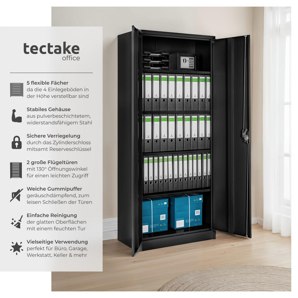 AKTENSCHRANK Blain,180 x 80 x 40 cm,schwarz - Schwarz, Metall (40/180/80cm) - tectake