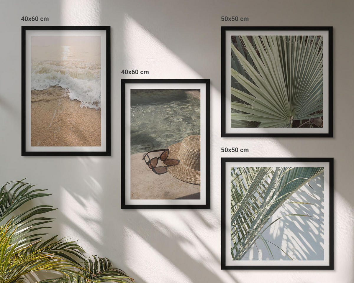BILDER SET 4er Set - 50x50 cm & 40x60 cm Schwarzer Rahmen - Strandhut und Sonnenbrille - Schwarz, Kunststoff (50/50cm) - TULUP