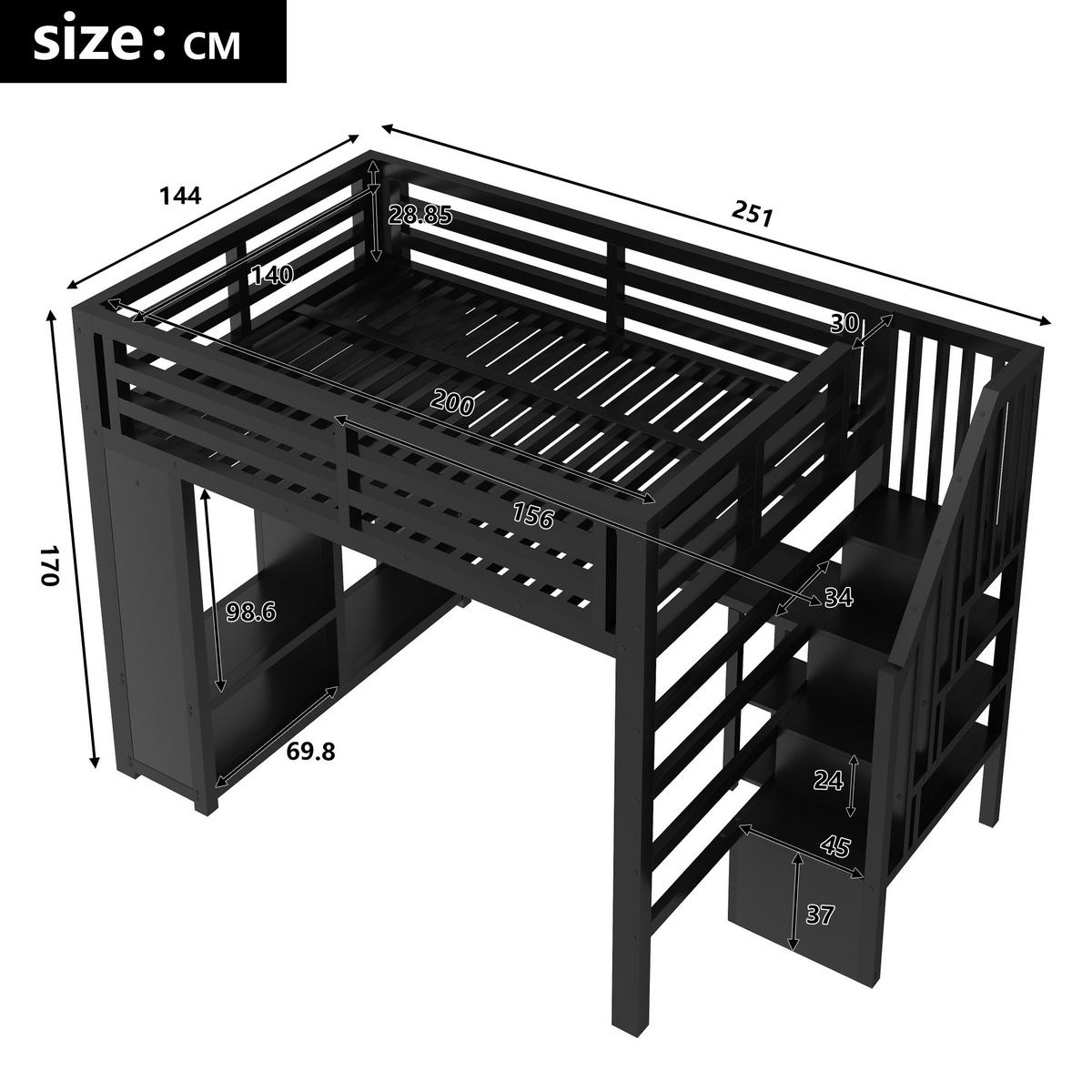 HOCHBETT 140/200 cm in Schwarz mit Schreibtisch, Treppe, Stauraum, LED und offenem Kleiderschrank aus Metall - Schwarz, Metall (140/200cm) - STILVORA
