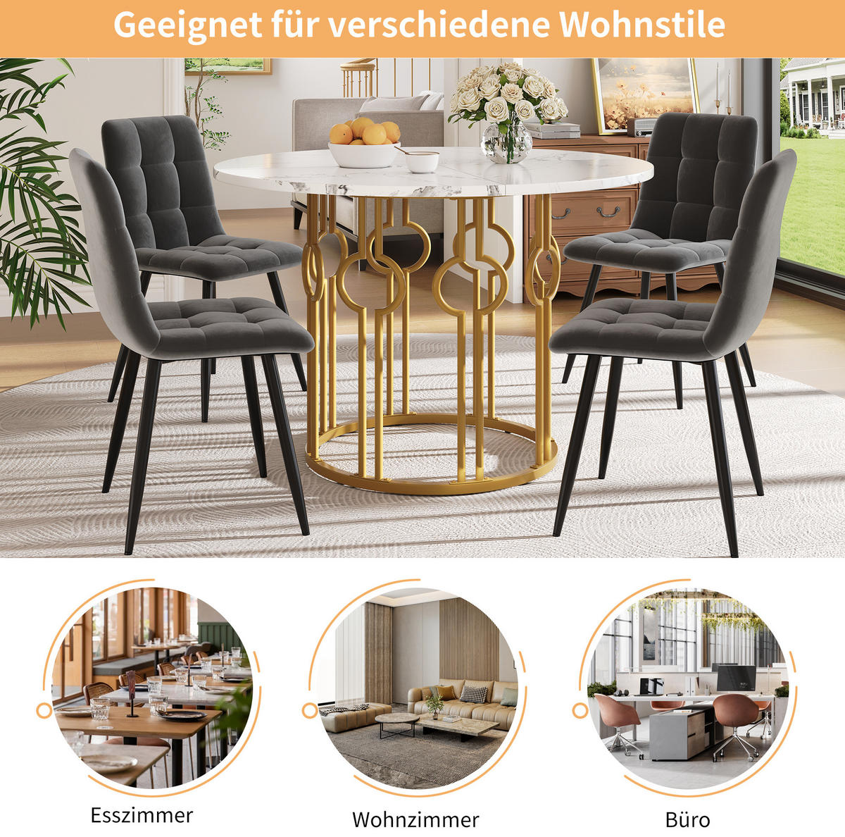 ESSTISCH 100/100/76 cm Weiß Gold runder Tisch aus MDF mit Metallbeinen - Goldfarben, Holzwerkstoff (100/100/76cm) - OKWISH