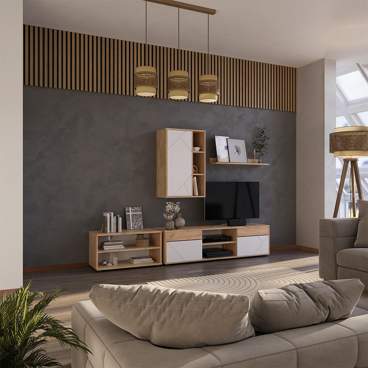 ŽIVÁ STĚNA Berno Zlatá síla dub/bílá - bílá/medově dubová, kompozitní dřevo (139.8/38.9/35.4cm) - Vicco