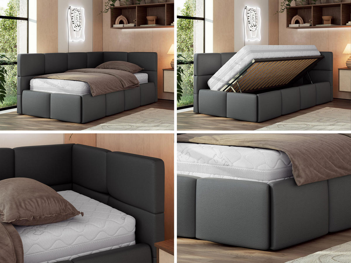 JUGENDBETT ARVO 90/200 - Grau Kunstleder - ohne Matratze - Rechts Seite - Grau, Textil (200/90cm) - MKS