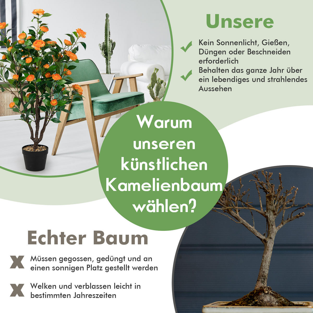 KAMELIENBAUM Künstlicher Grün Gelb - Grün, Kunststoff (102cm) - COSTWAY