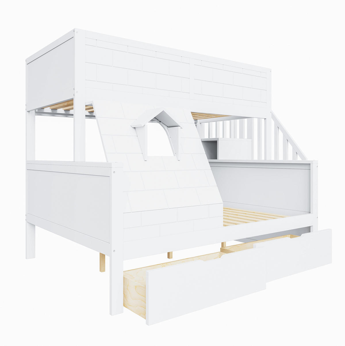 ETAGENBETT 90/200 & 140/200 cm mit Stauraumtreppe, 2 Schubladen und Fenster, Weiß - Weiß, Holzwerkstoff (90/200cm) - Redom