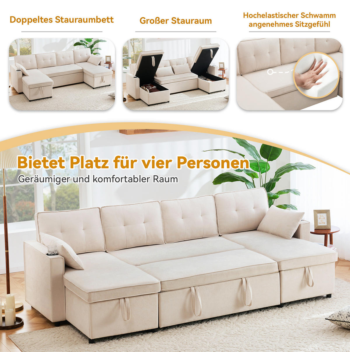 SCHLAFSOFA 270/130/86 cm in Beige – ausziehbar mit Stauraum und Getränkehaltern - Beige, Textil (130/86/270cm) - BEAOK