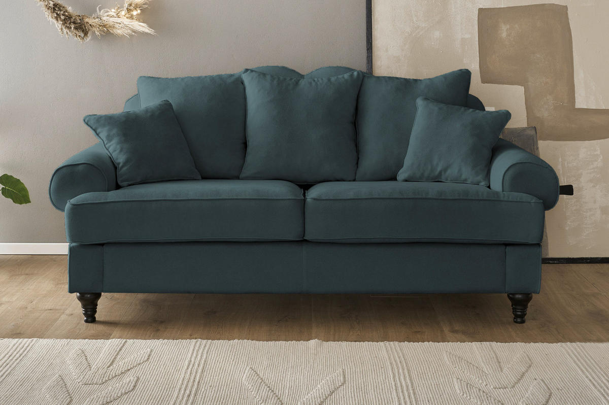 SOFA blaugrün Landhaus, Couch 3-Sitzer 200 cm - Dunkelgrün, Holz/Textil (200/95/100cm) - Furn.Design