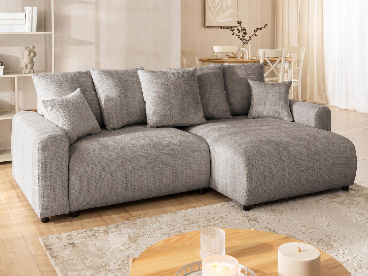 ECKSOFA Calma mit Schlaffunktion und Bettkasten im Bumpy-Design aus weichem Taupe Chenille-Stoff - Ottomane rechts - Taupe/Beige, Holz/Kunststoff (239/140cm) - S-Style Möbel