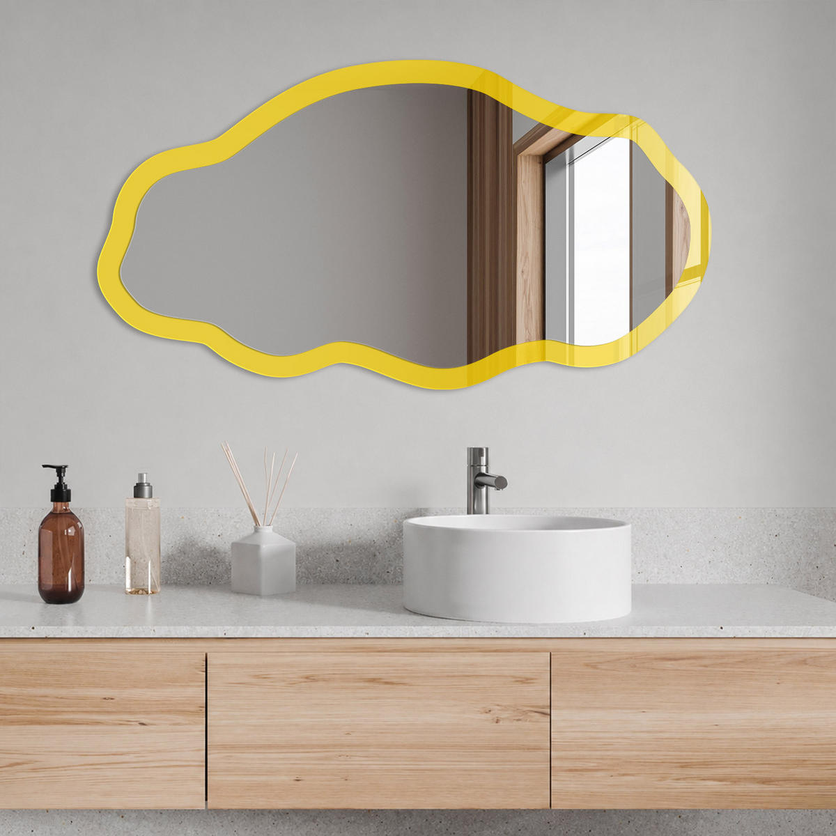 SPIEGEL 90x45 cm asymmetrisch mit Druck - Intensives Gelb - Transparent, Glas (45/90/0.4cm) - TULUP