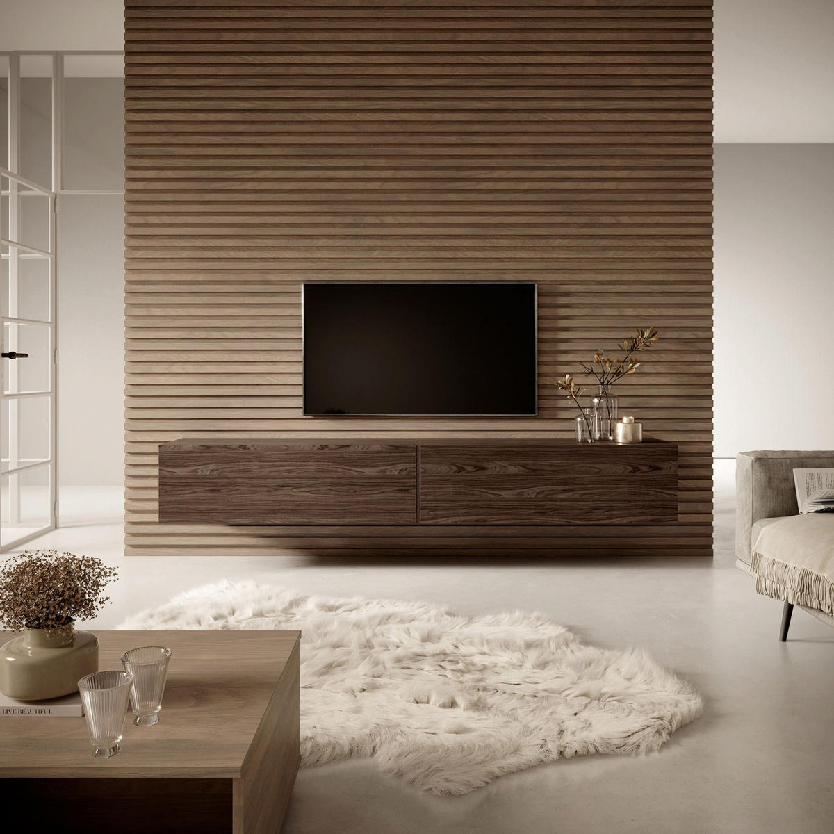 TV stolík Bisira orech 200/30/32 cm - tmavohnedá, kompozitné drevo (200/30/31.6cm) - Selsey