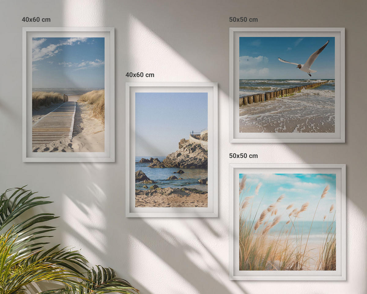 WANDBILDER 4er-Set - 50x50 cm & 40x60 cm Weißer Rahmen - Strand Holzsteg Klippen - Weiß, Kunststoff (50/50cm) - ArtPrintCave