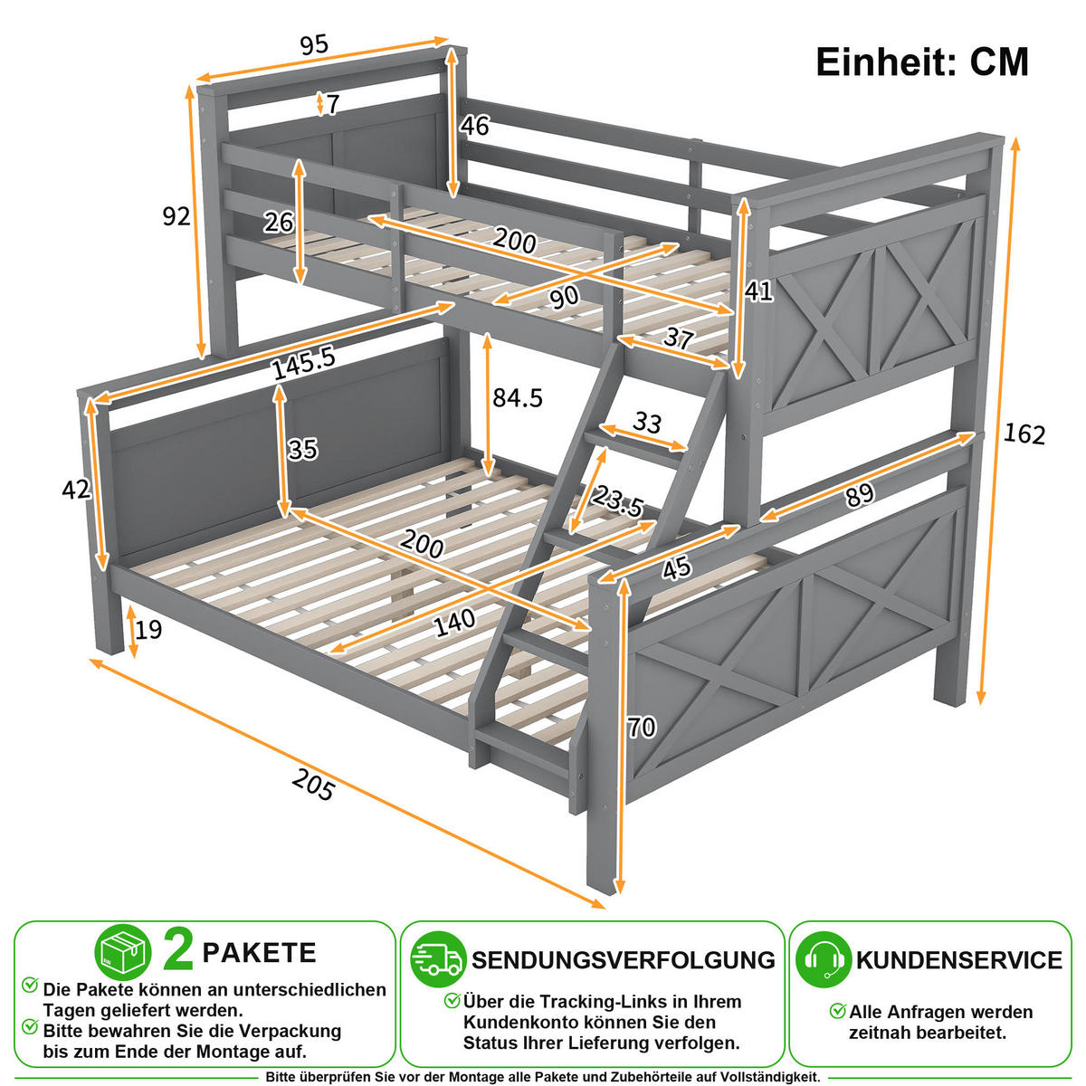 ETAGENBETT 90/200 cm & 140/200 cm in Grau mit Leiter, Sicherheitsgeländer und umbaubar zu 2 Einzelbetten - Grau, Holz/Holzwerkstoff (90/200cm) - CHICFURN