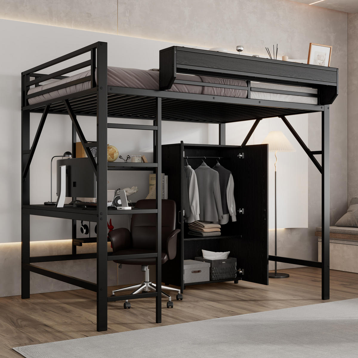 HOCHBETT aus MDF & Metall 140x200 cm in Schwarz mit Schreibtisch & Kleiderschrank - Schwarz, Holzwerkstoff (140/200cm) - Modfu