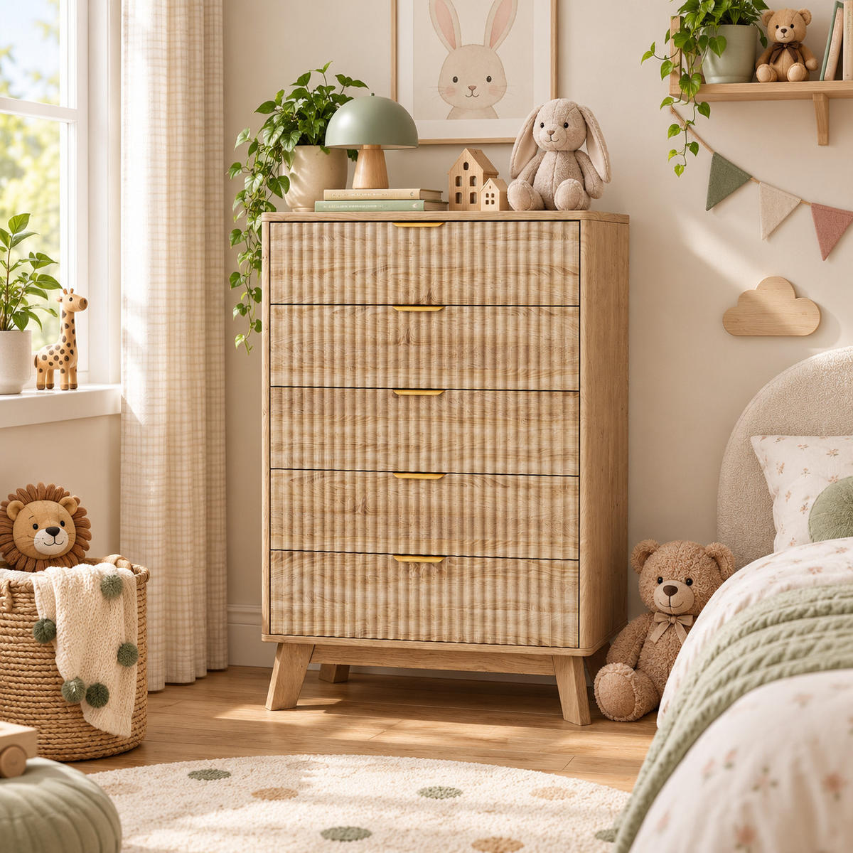 KOMMODE mit vertikaler Rillenfront, 5 Schubladen Stauraum, Eiche hell, 40/73/108cm - Eichefarben, Holz (73/108/40cm) - Joyfair