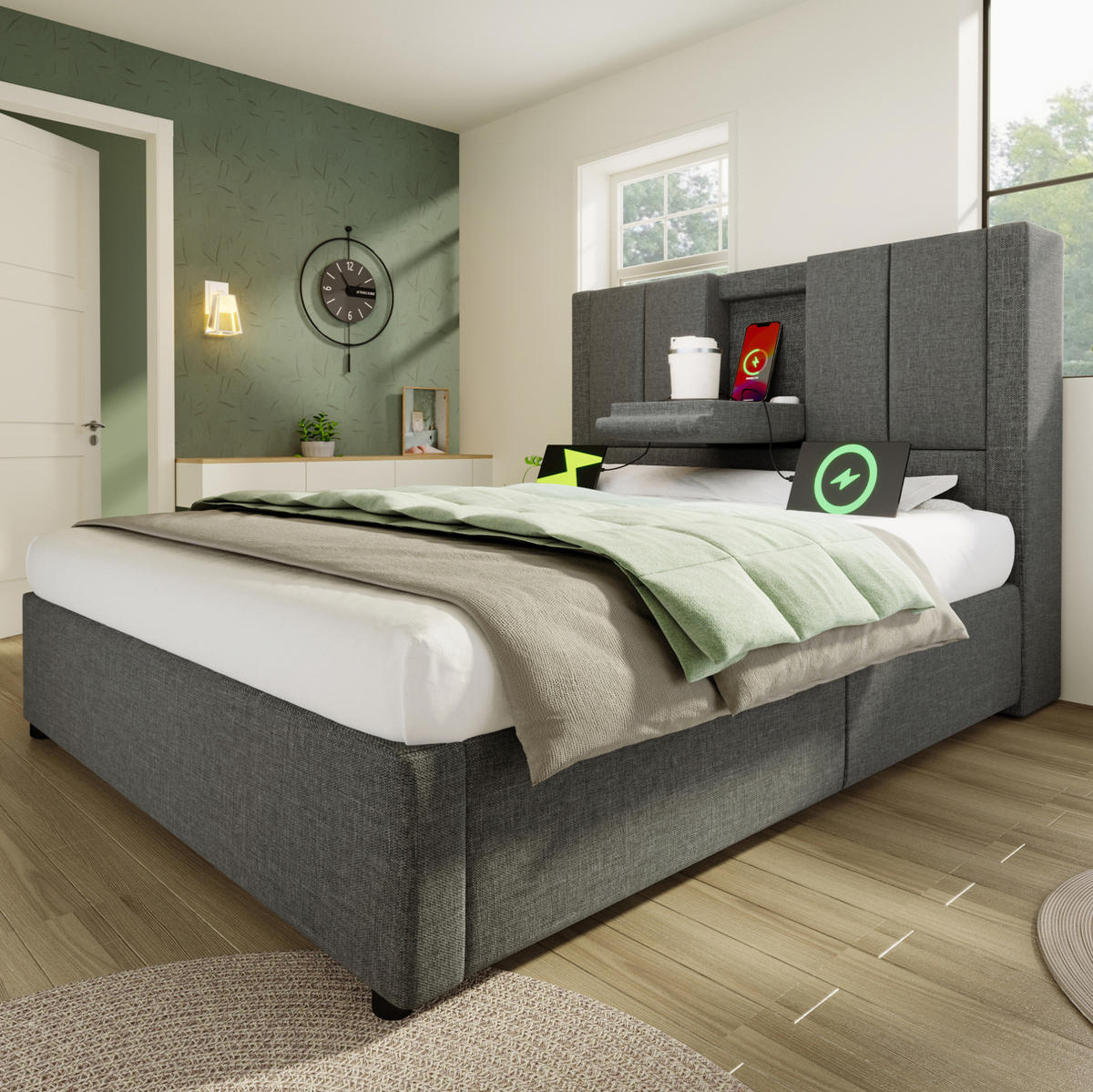 POLSTERBETT 90/200 cm Grau aus Leinen mit Stauraum und USB- und Type-C-Anschlüssen - Grau, Textil (90/200cm) - Flora Grace