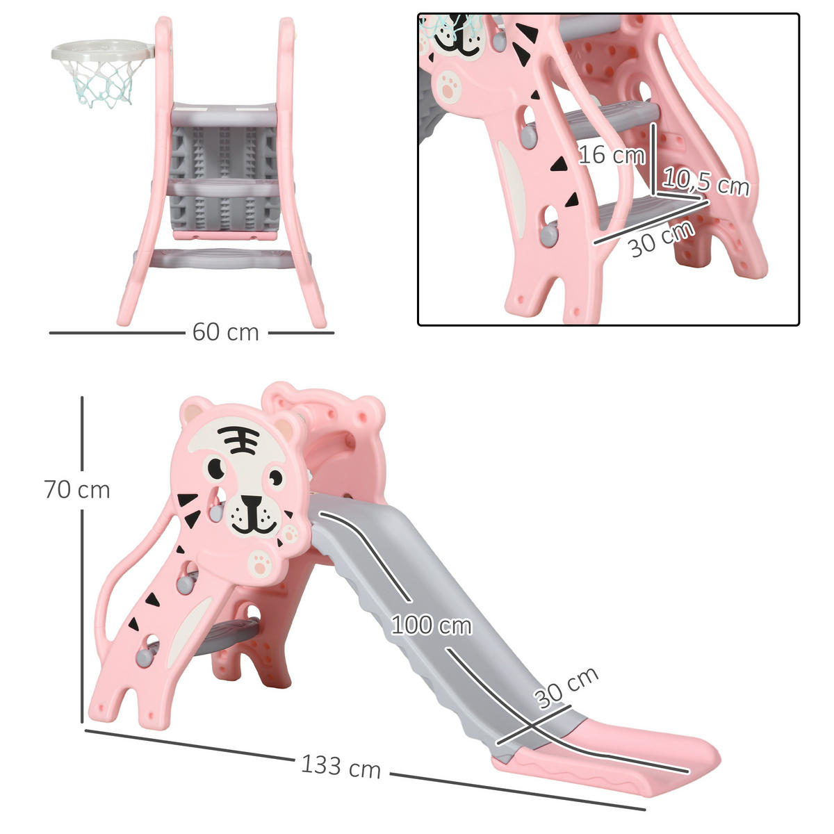 KINDERRUTSCHE DE-17985 3-in-1 mit Basketballkorb & Tigermotiv Rosa - Pink, Kunststoff (60/70/133cm) - ComfortXL
