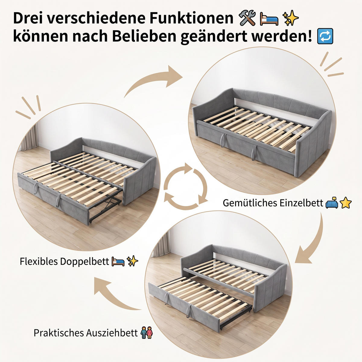 SCHLAFSOFA 2 sitzer, 90x200 cm, mit Lattenrost, Samt Grau, für das Wohnzimmer - Grau, Holz/Textil (210/74/100cm) - GENKI LIVING