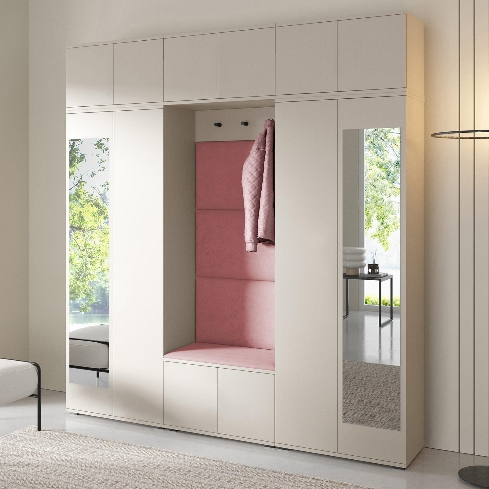 GARDEROBE Napoli 2 Kleiderschrank mit Polsterpaneelen Rosa - Beige/Rosa, Holzwerkstoff (210/229/40cm) - Jerpax