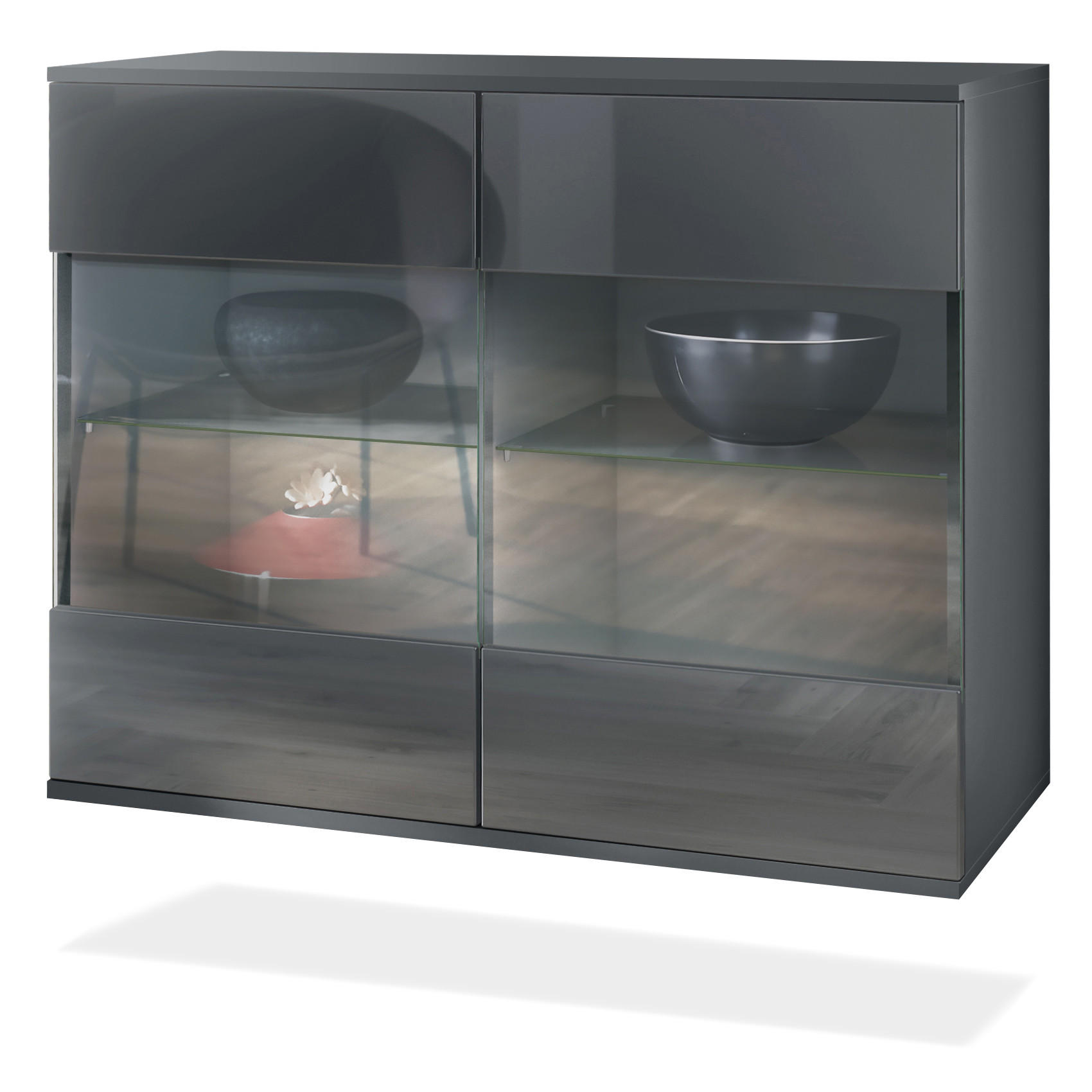 KOMMODE Bari Grau Hochglanz - Grau, Holzwerkstoff (92.5/73.5/35cm) - Vladon