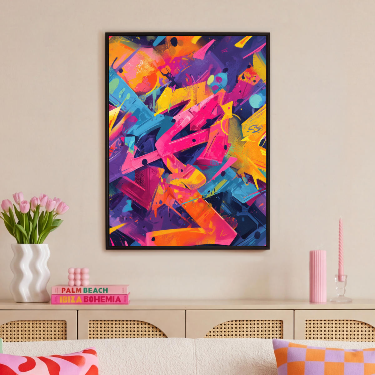 LEINWAND Bilder mit Rahmen - Abstrakt - Formen - Farbenfroh - 70x100 - Magenta, Textil (70/100cm) - MuchoWow