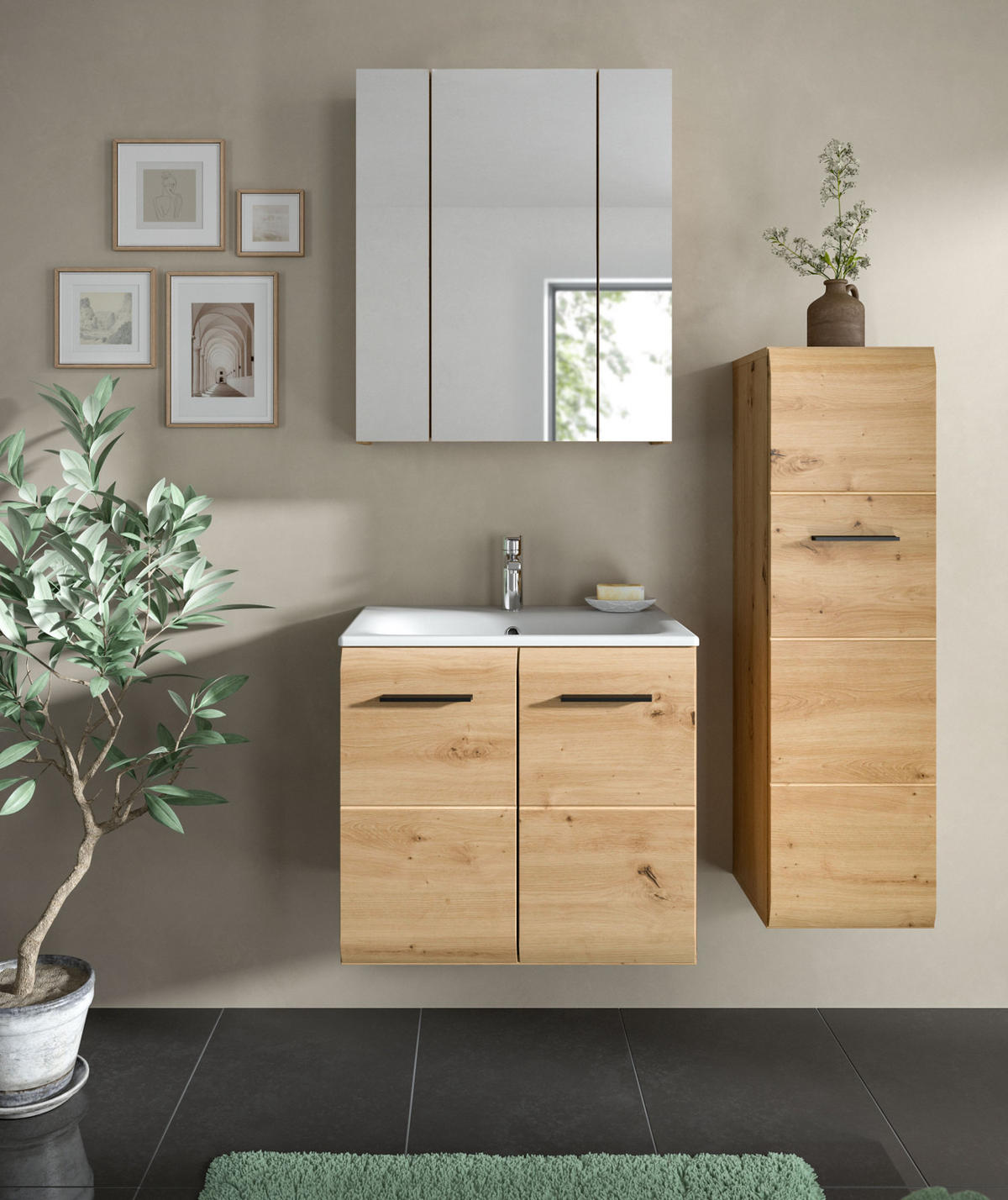 BADMÖBEL-SET 3-teilig in Artisan Eiche, Badkombination mit Waschbecken, 105 x 185 cm, Cover - Schwarz/Eiche Artisan, Glas/Keramik (105/185/30cm) - Inn.Furn