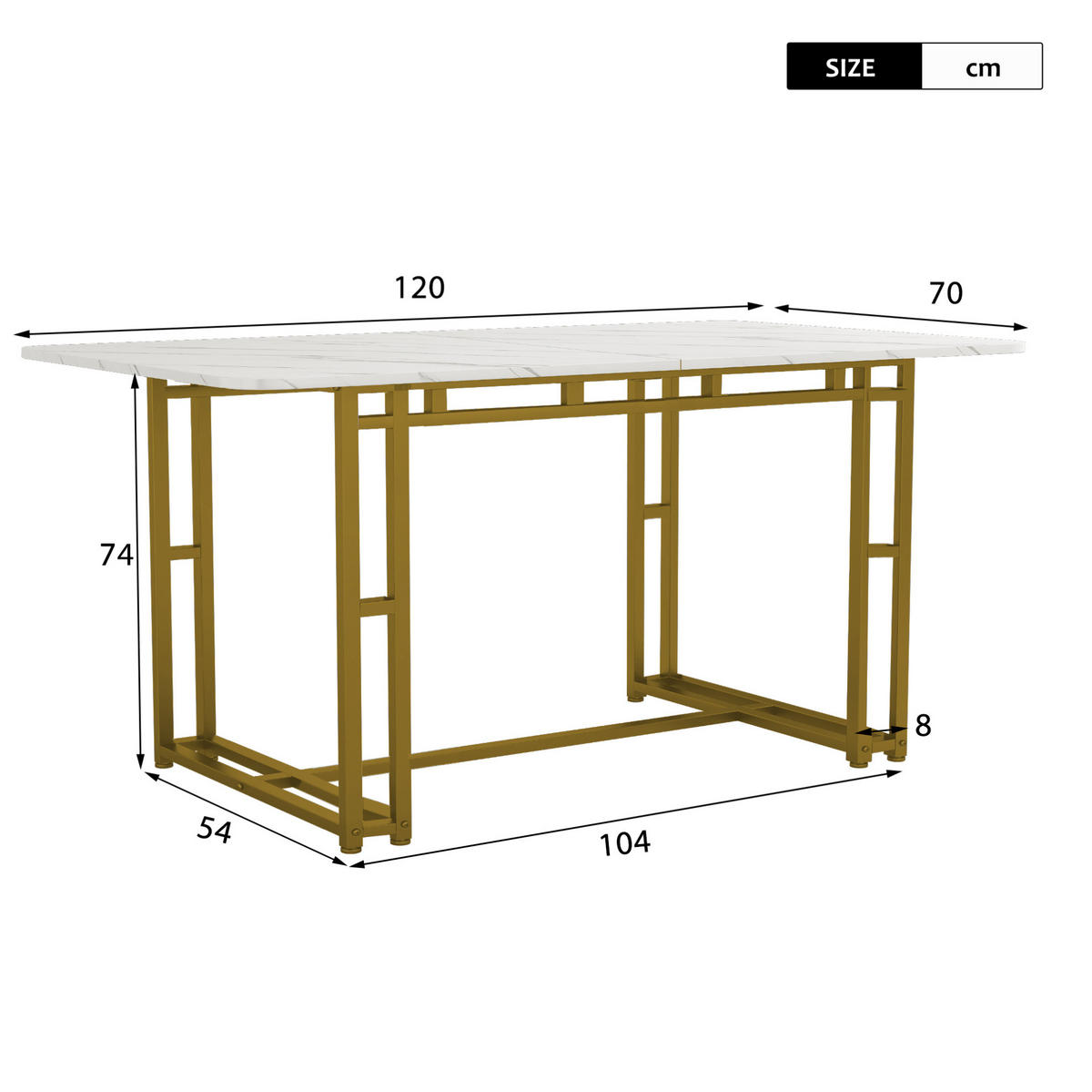 ESSTISCH aus MDF 120x70x74 cm Goldfarben mit Metallbeinen und modernem Design - Weiß, Holzwerkstoff (120/70/74cm) - Modfu