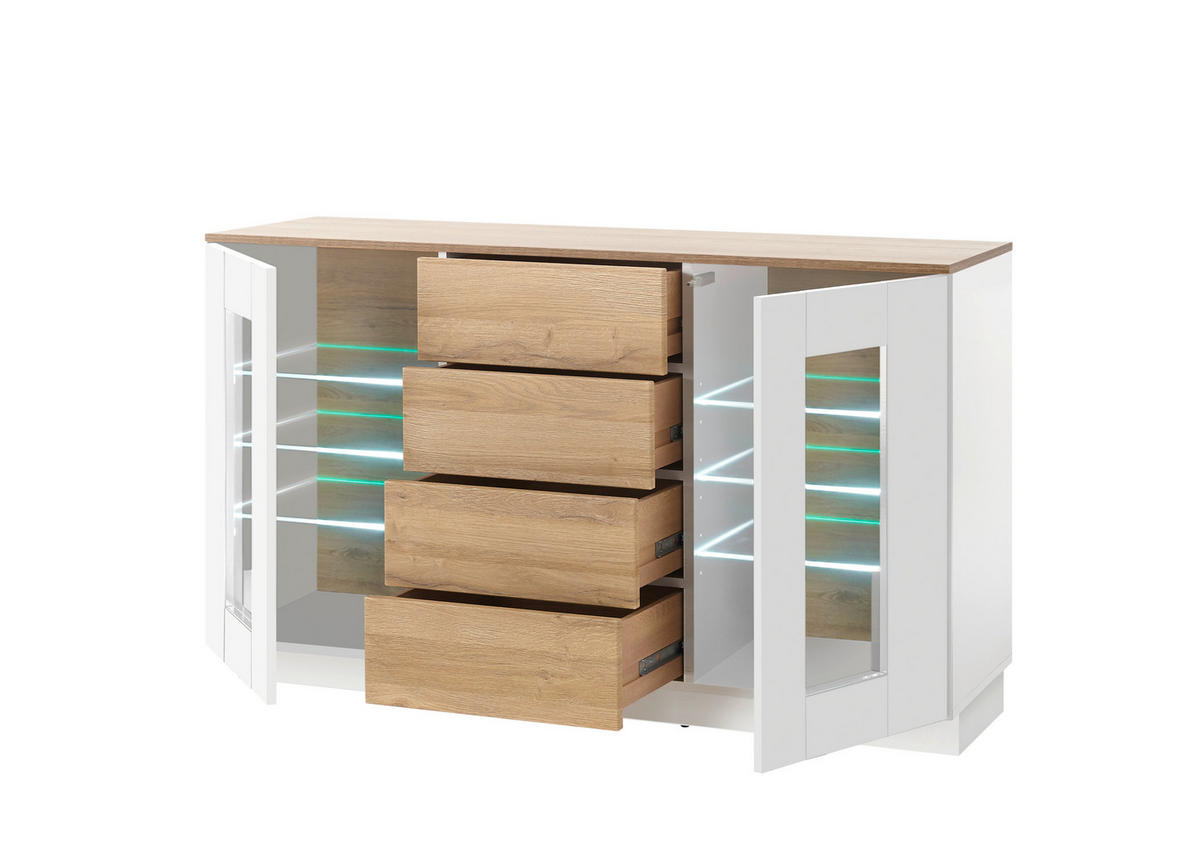 SIDEBOARD M14 Weiß Hochglanz & Grandson Oak 136x85x43 cm - Weiß Hochglanz, Holzwerkstoff (136/85/43cm) - Livojo