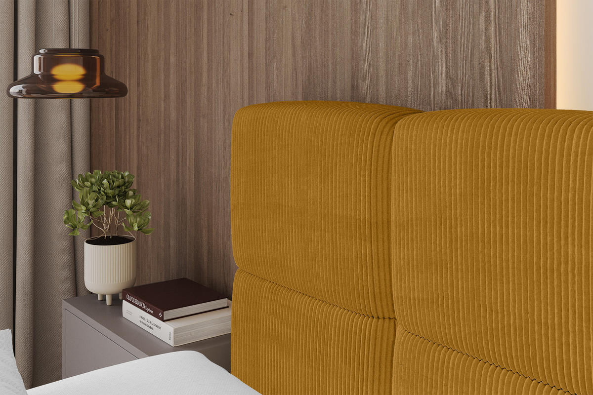 POLSTERBETT mit Bettkasten und Lattenrost, Bett mit Matratze H3/H4, Kopfteil, Boxbett, Doppelbett mit Stauraum - NATA 120x200 Senfgelb - Kupferfarben, Holzwerkstoff/Textil (120/200cm) - ALTDECOR