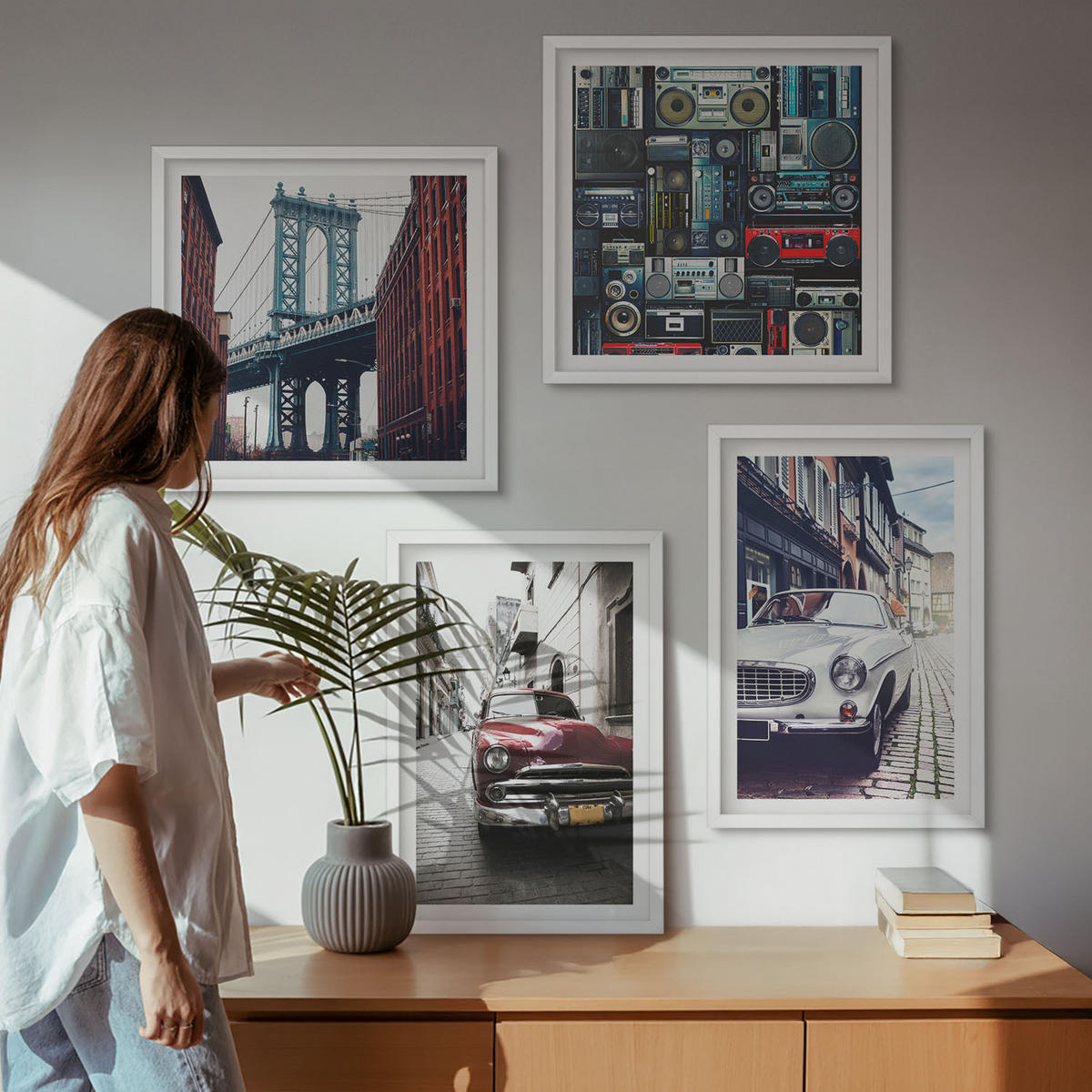 WANDBILDER 4er-Set - 50x50 cm & 40x60 cm Weißer Rahmen - Old Cars Brooklyn Retro-Audio - Weiß, Kunststoff (50/50cm) - ArtPrintCave