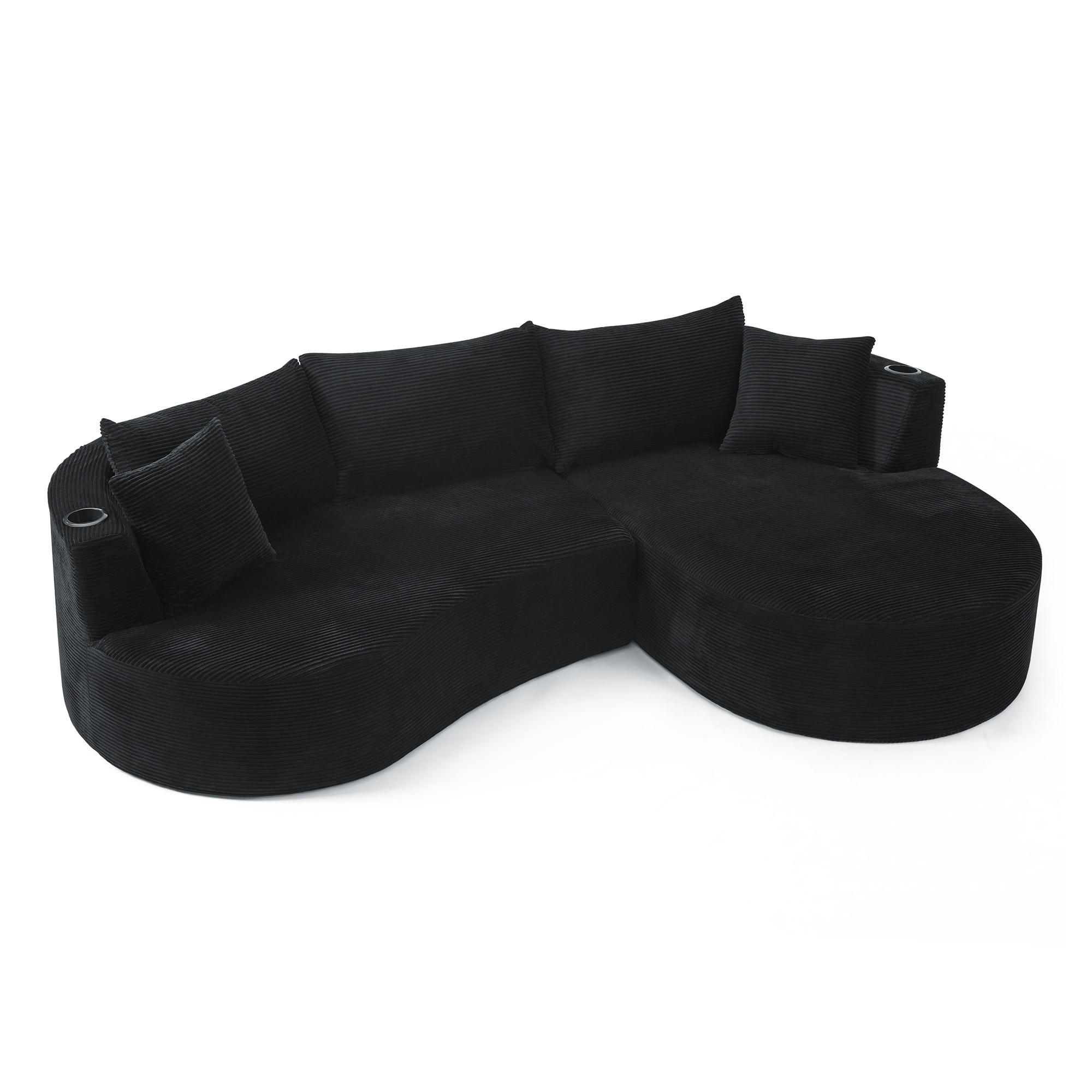 3-SITZER ECKSOFA Cord Schwarz mit Getränkehaltern und Kissen - Schwarz, Textil (264/168cm) - WISHDOR