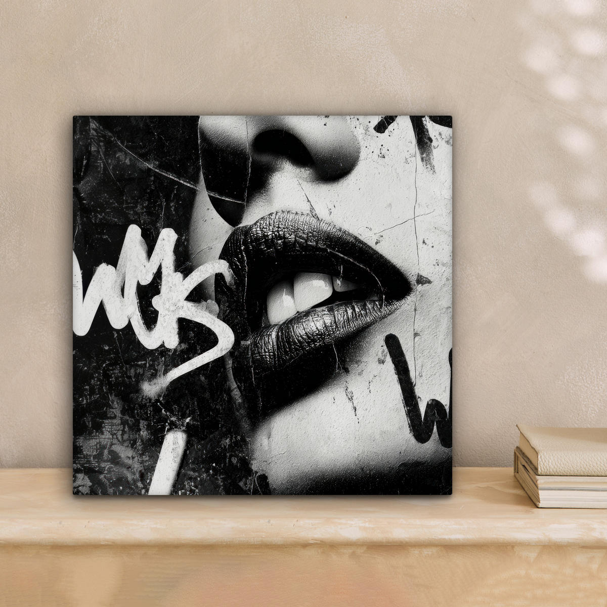 LEINWANDBILD Gesicht - Mund - Graffiti - Schwarz Deko Wohnzimmer 20x20 cm - Schwarz, Textil (20/20cm) - MuchoWow