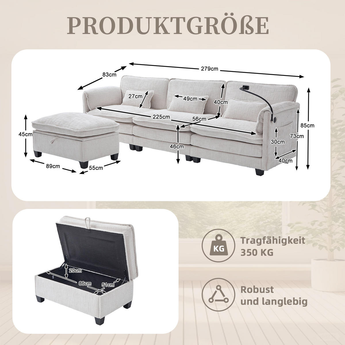 ECKSOFA mit USB-Anschluss und Hocker Chenille Beige 279/83/85 cm - Beige, Textil (279/83cm) - OKWISH