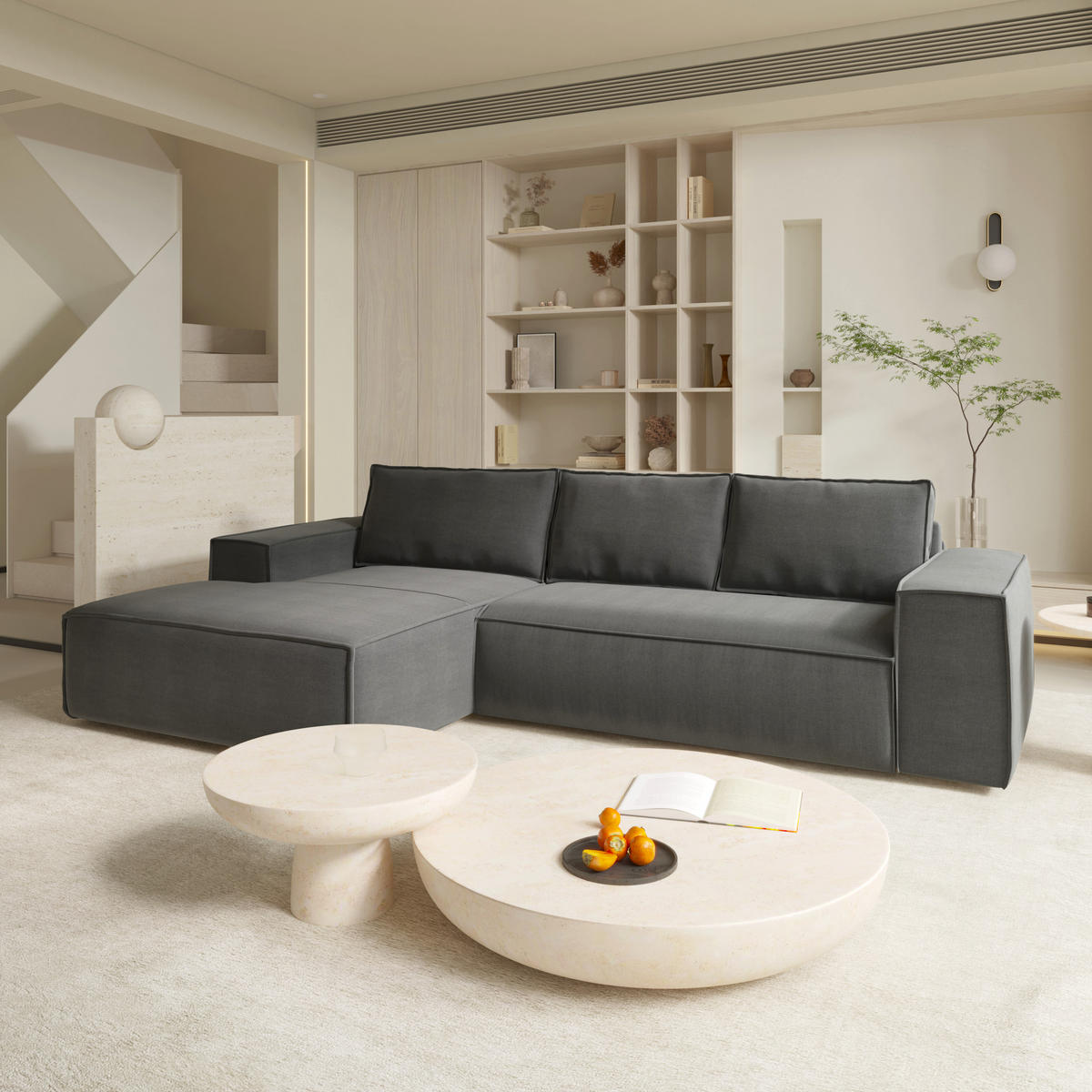 ECKSOFA LINKS Samt Grau 302cm - Grau, Textil (165/302cm) - Sia Home