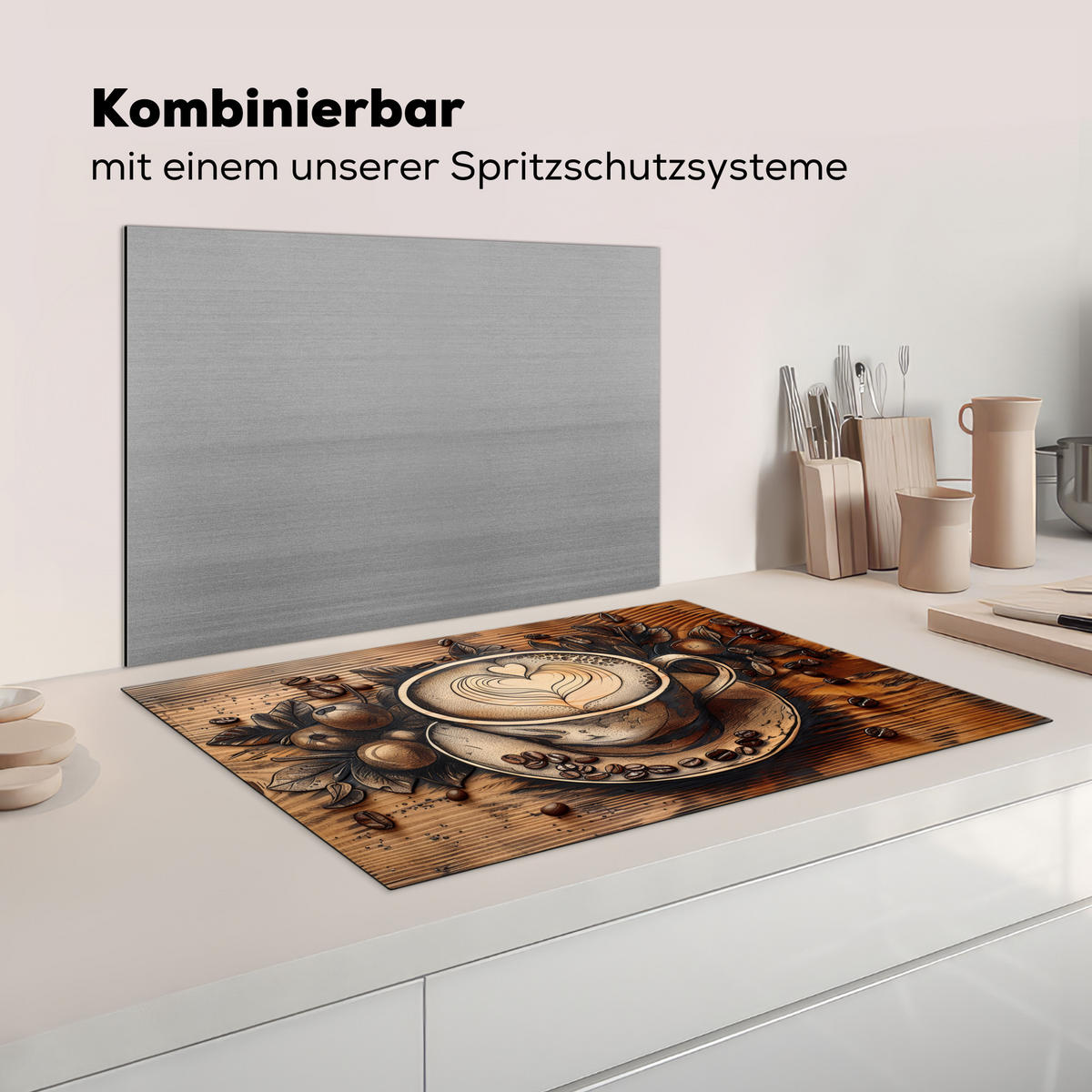 KRYT NA INDUKČNÍ DESKU Káva - Vintage - hnědá - šálek - dřevo 81x52 cm - kapučínová, plast (81/52/0.2cm) - MuchoWow