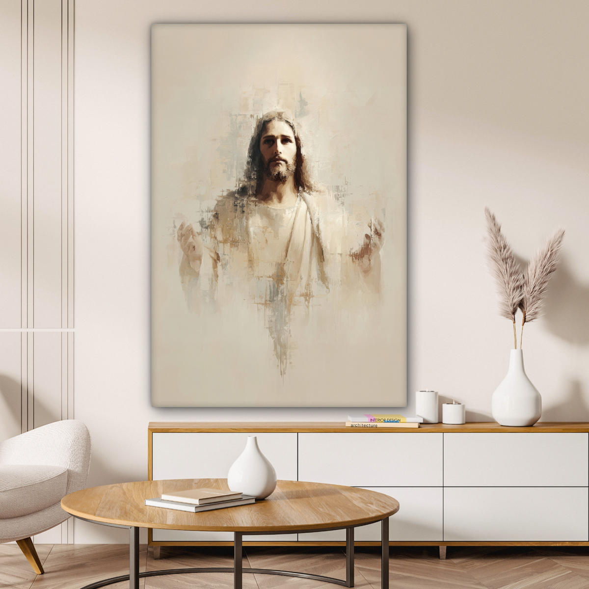 LEINWANDBILD Porträt - Abstrakt - Jesus - Beige Deko XXL 80x120 cm - Beige, Textil (80/120cm) - MuchoWow