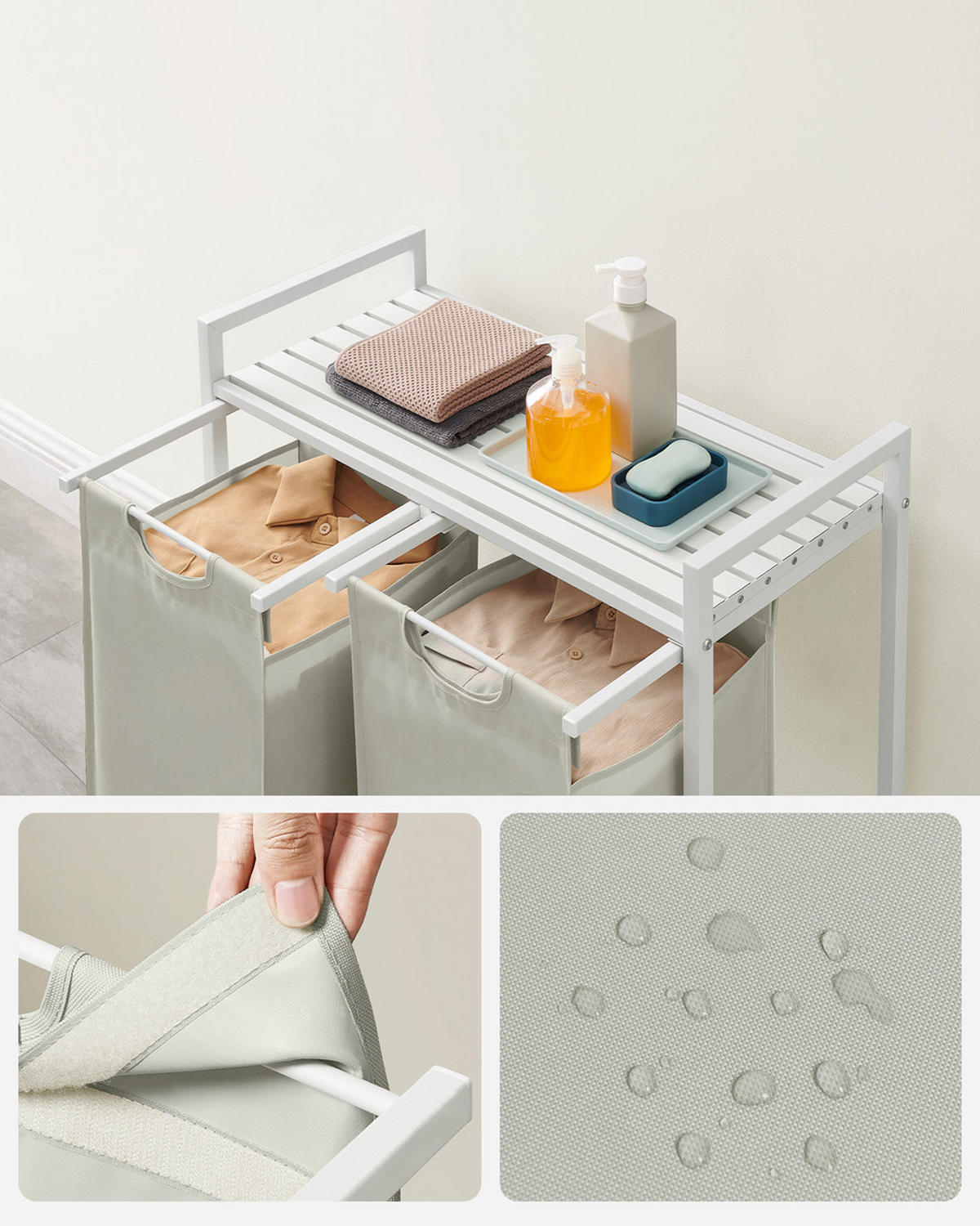 WÄSCHEKORB mit 2 herausziehbaren Fächern, hellgrau - L71 cm - Grau, Metall (33/73/71cm) - Calicosy