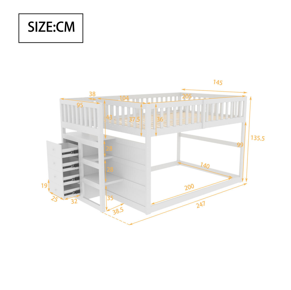 ETAGENBETT niedrig mit Treppe und 4 Schubladen 140x200 cm Holz Weiß - Weiß, Holzwerkstoff (140/200cm) - Beauniv